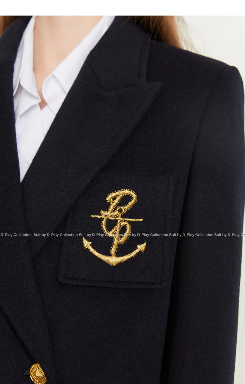 Fall Autumn Lapel Neck Navy Blue Three-Dimensional Double-breasted Wool Coat -Mel