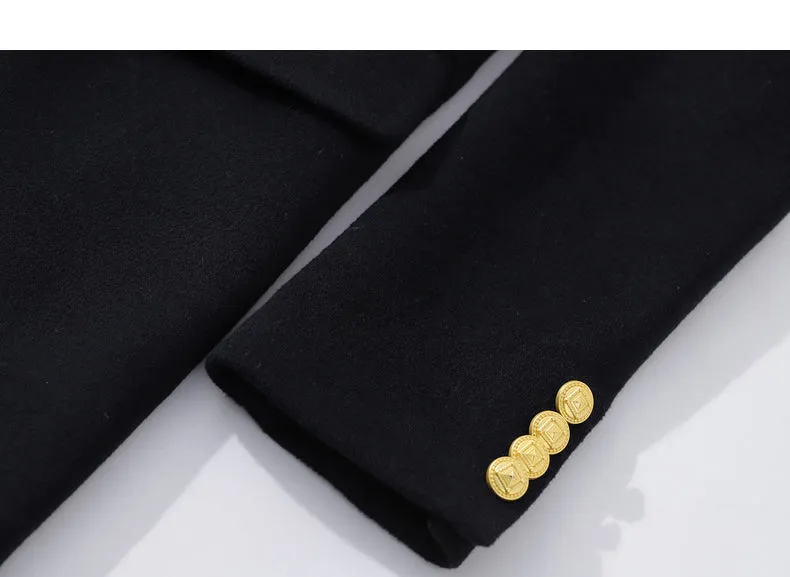 Fall Autumn Lapel Neck Navy Blue Three-Dimensional Double-breasted Wool Coat -Mel