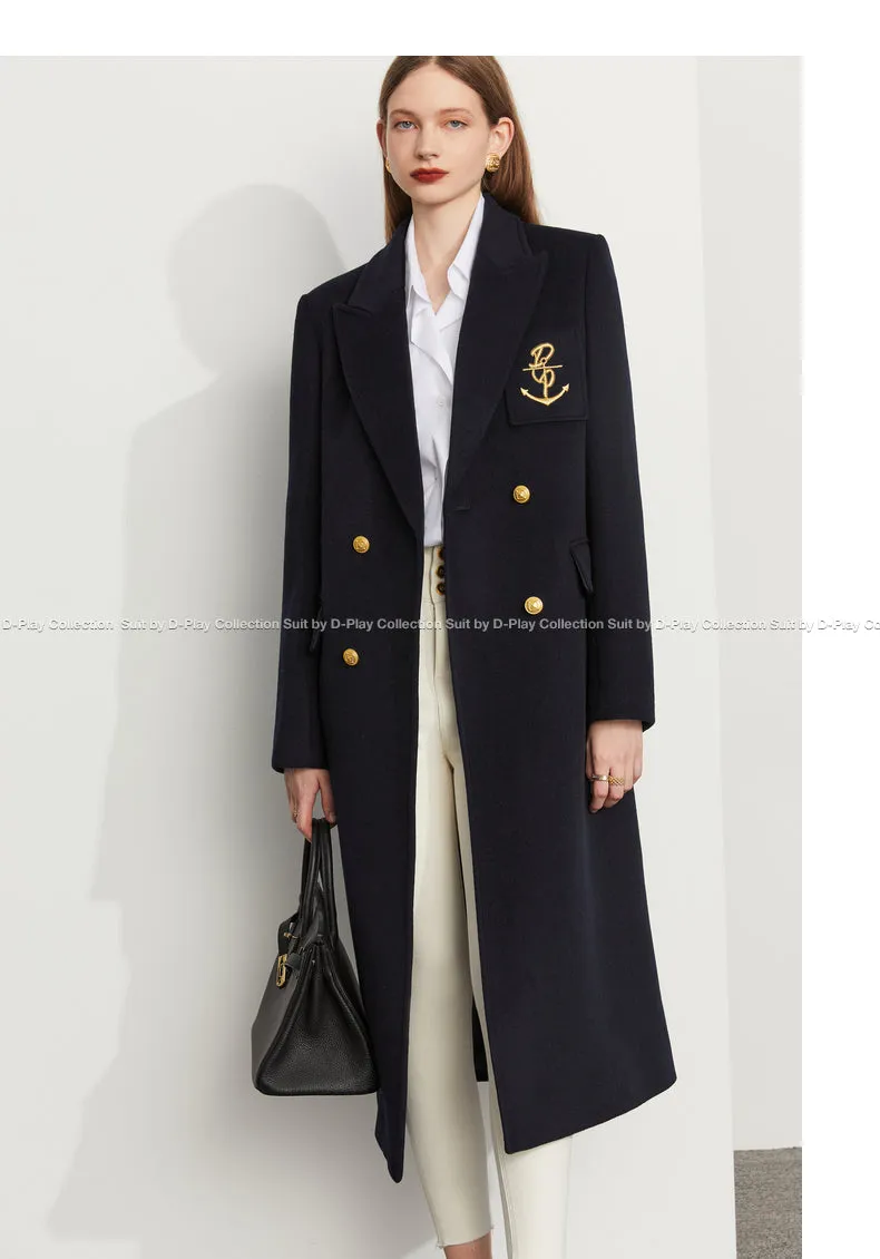 Fall Autumn Lapel Neck Navy Blue Three-Dimensional Double-breasted Wool Coat -Mel