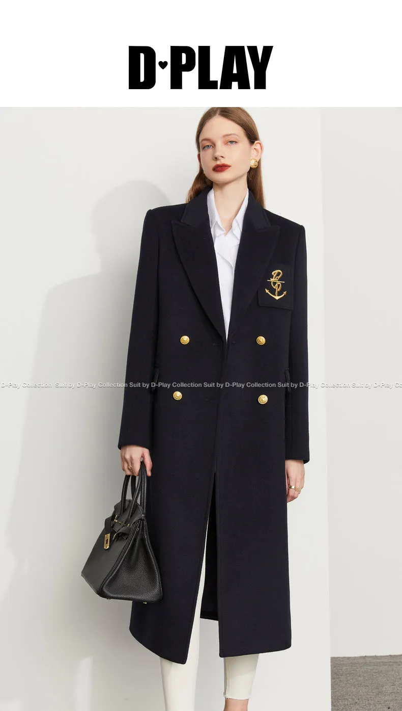 Fall Autumn Lapel Neck Navy Blue Three-Dimensional Double-breasted Wool Coat -Mel