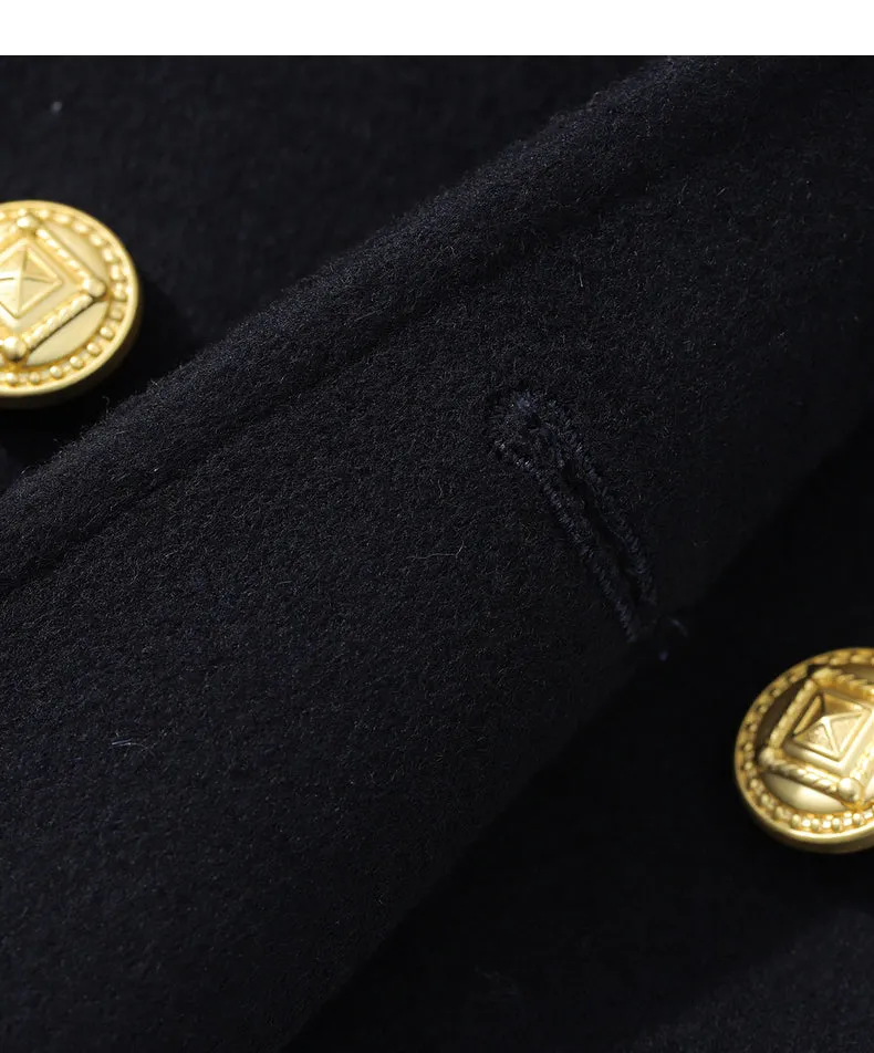 Fall Autumn Lapel Neck Navy Blue Three-Dimensional Double-breasted Wool Coat -Mel