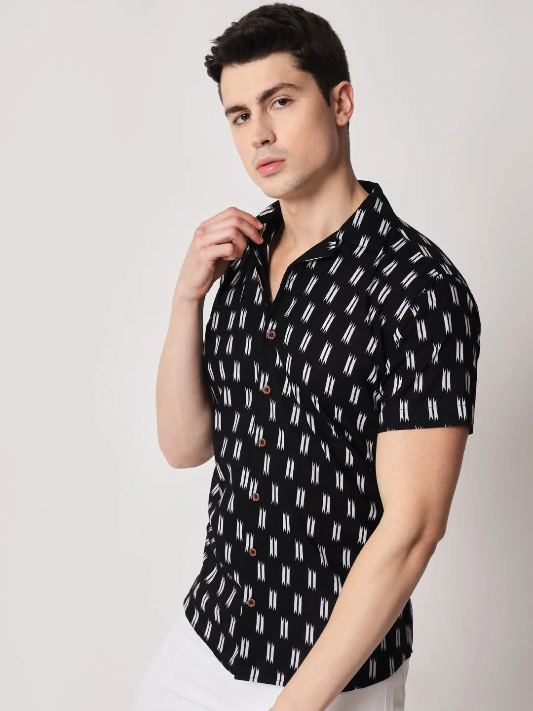 Firangi Yarn 100% Jaipuri Cotton Ikkat Cuban Collar Casual Shirt Black