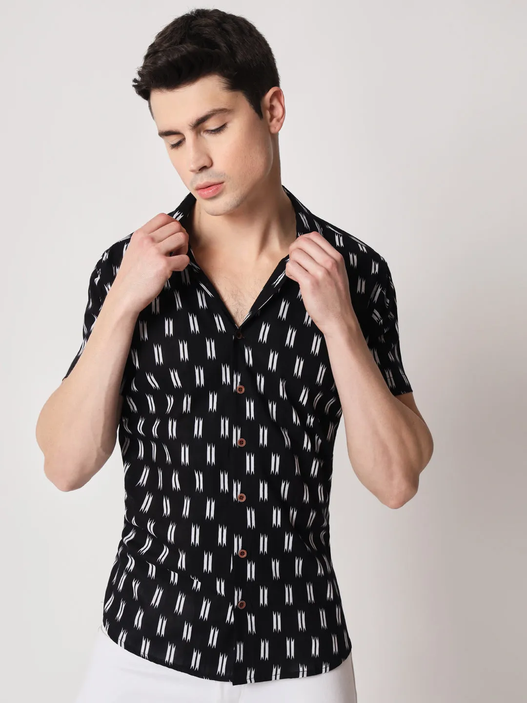 Firangi Yarn 100% Jaipuri Cotton Ikkat Cuban Collar Casual Shirt Black