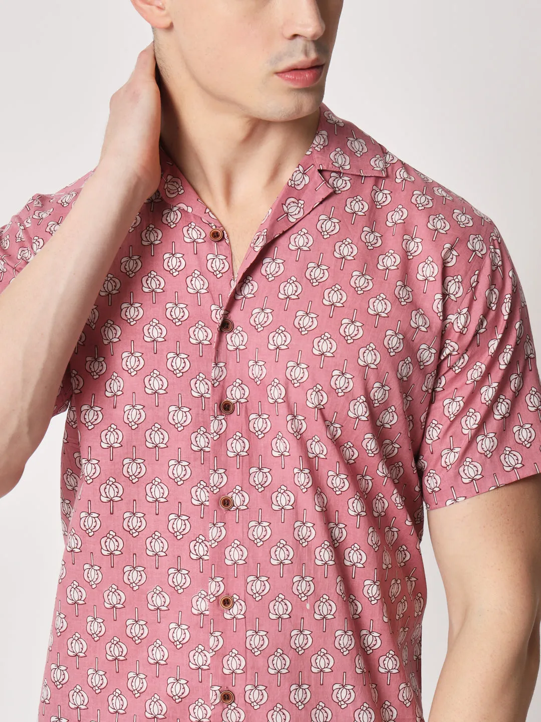 Firangi Yarn 100% Jaipuri Cotton Lotus Printed Beach Cuban Collar Casual Shirt Pink