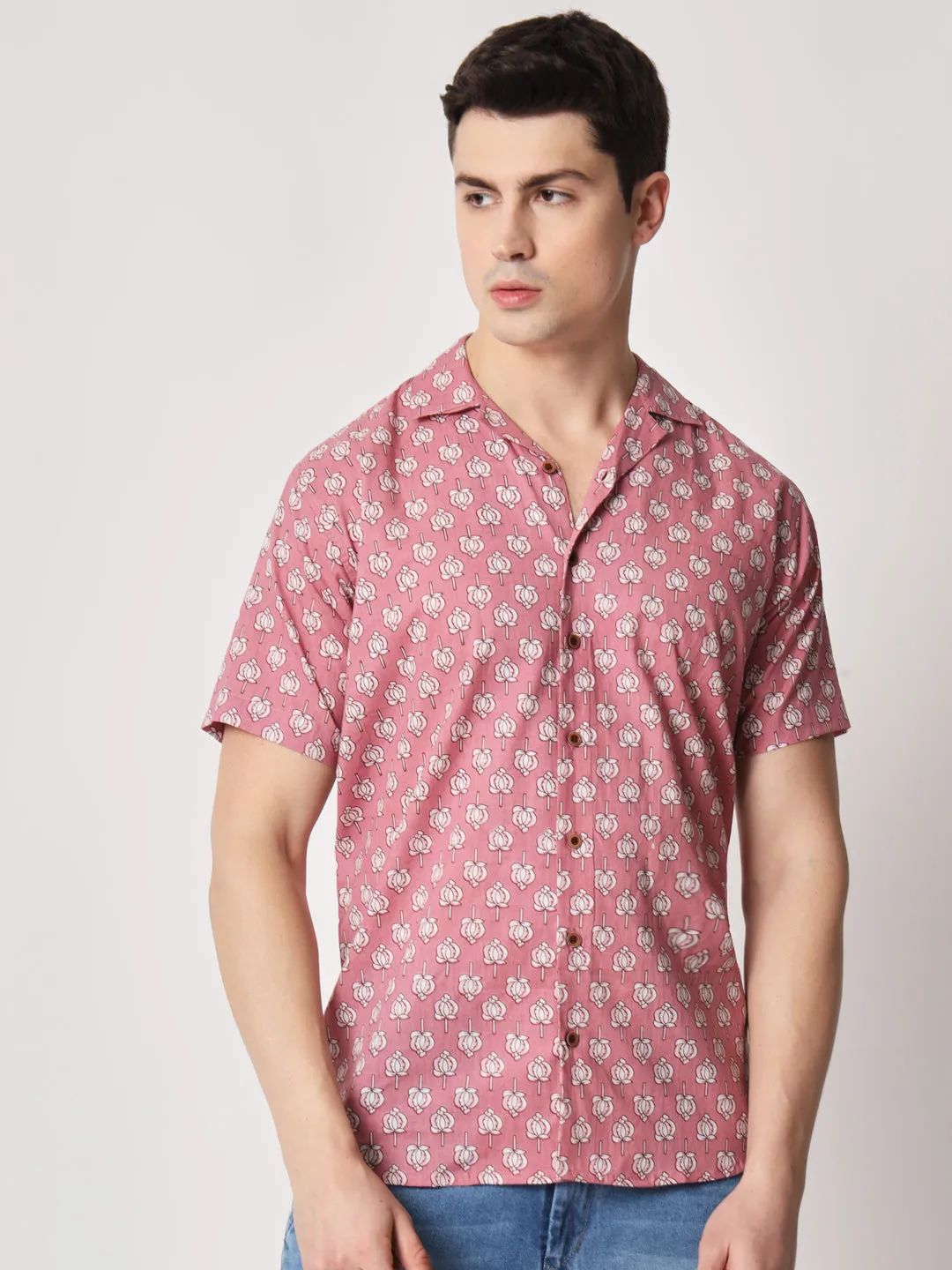 Firangi Yarn 100% Jaipuri Cotton Lotus Printed Beach Cuban Collar Casual Shirt Pink