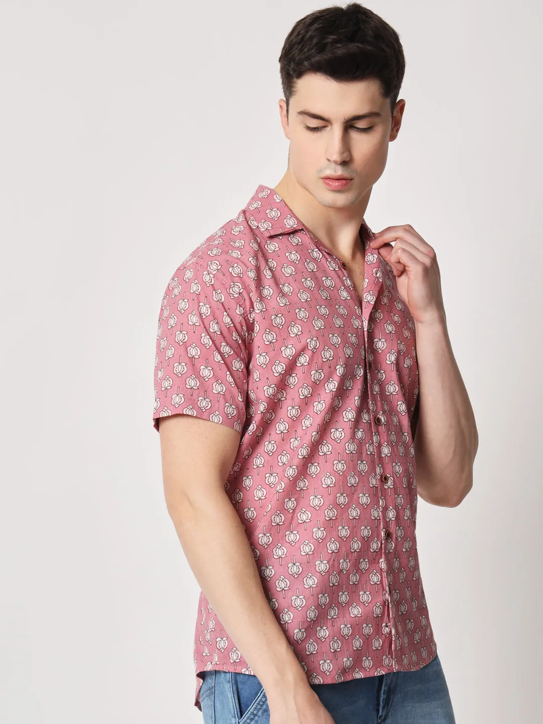 Firangi Yarn 100% Jaipuri Cotton Lotus Printed Beach Cuban Collar Casual Shirt Pink