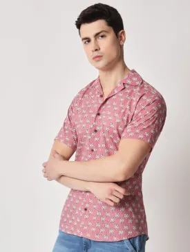 Firangi Yarn 100% Jaipuri Cotton Lotus Printed Beach Cuban Collar Casual Shirt Pink