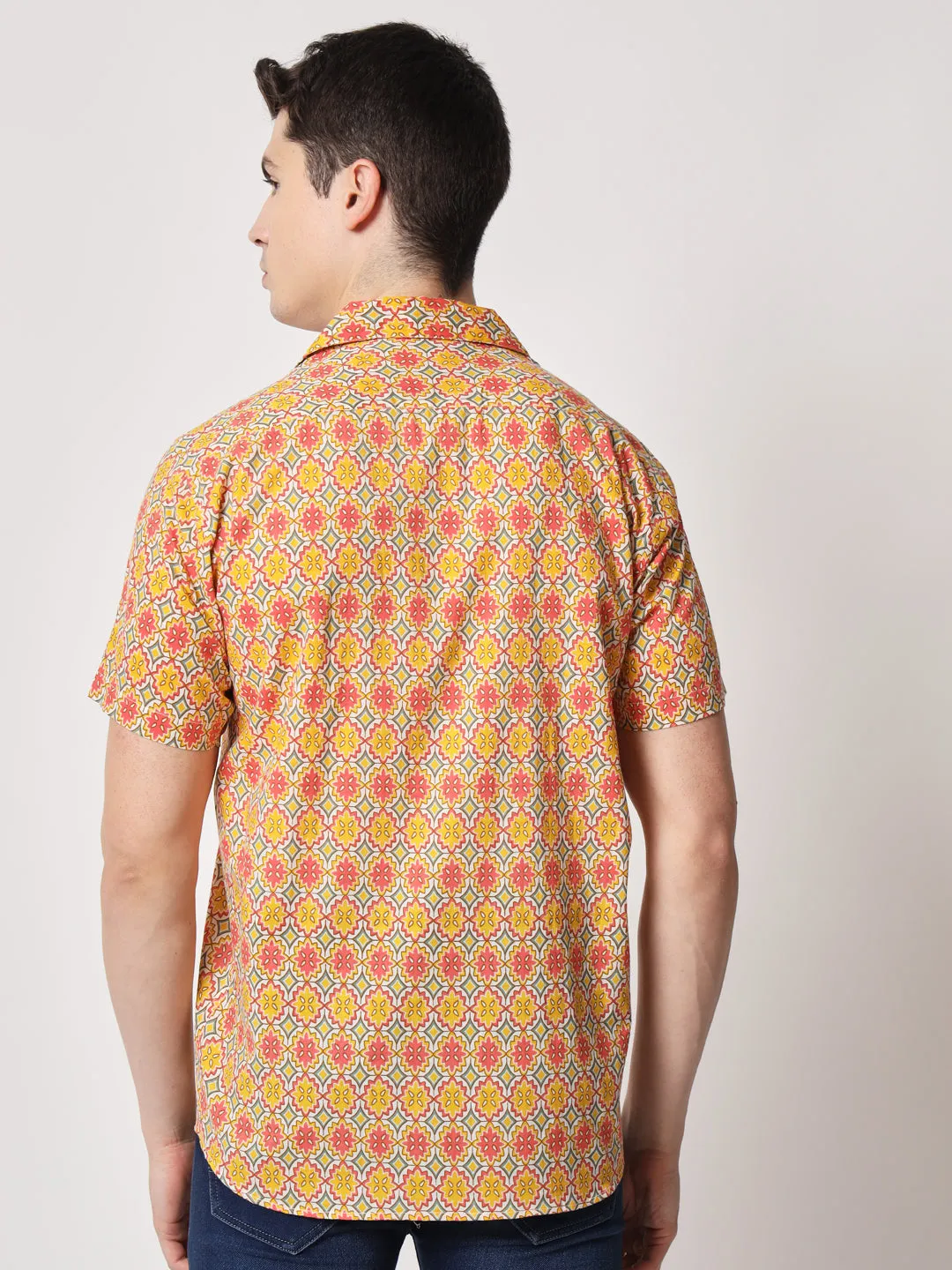 Firangi Yarn 100% Jaipuri Cotton Resort Cuban Collar Casual Shirt Multi-Color/Yellow