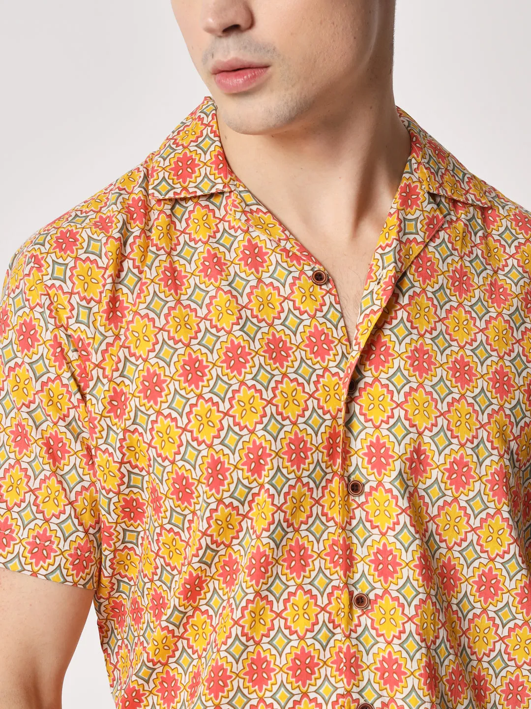Firangi Yarn 100% Jaipuri Cotton Resort Cuban Collar Casual Shirt Multi-Color/Yellow