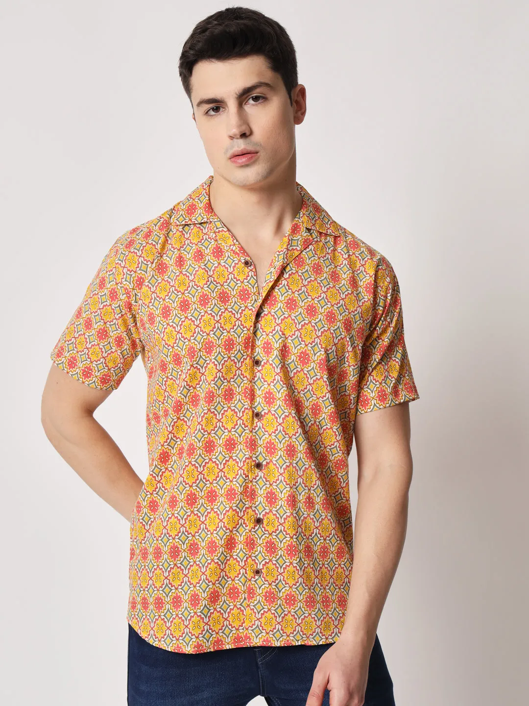 Firangi Yarn 100% Jaipuri Cotton Resort Cuban Collar Casual Shirt Multi-Color/Yellow
