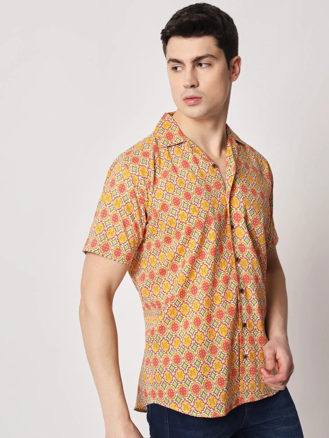 Firangi Yarn 100% Jaipuri Cotton Resort Cuban Collar Casual Shirt Multi-Color/Yellow