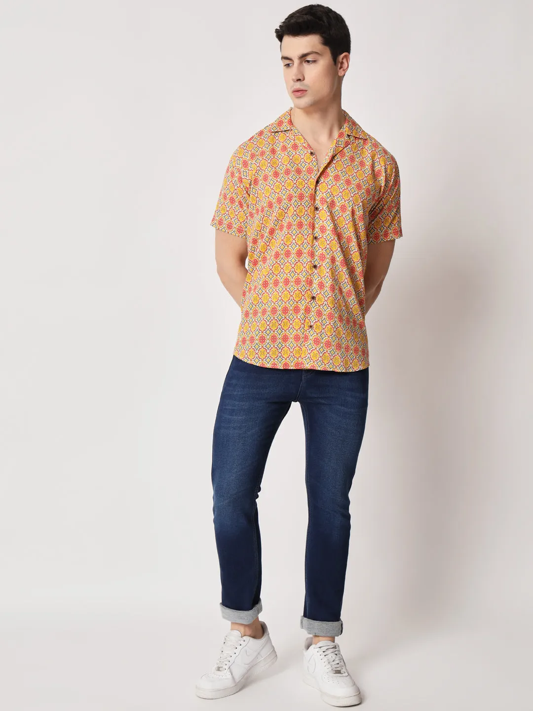 Firangi Yarn 100% Jaipuri Cotton Resort Cuban Collar Casual Shirt Multi-Color/Yellow