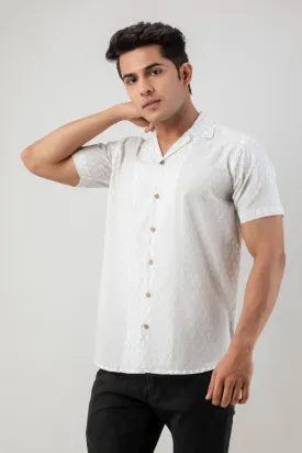 Firangi Yarn 100% Jaipuri Silver Jharokha Cotton Printed Cuban Collar Shirt- White