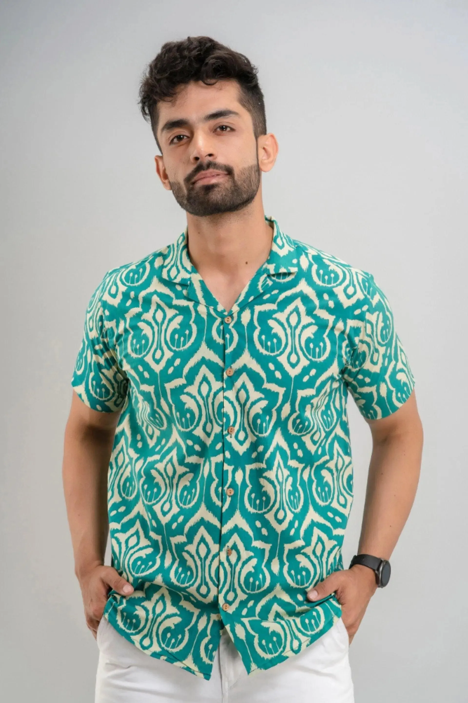 Firangi Yarn Abstract Block Printed Cotton Green Cuban Collar Shirt For Men
