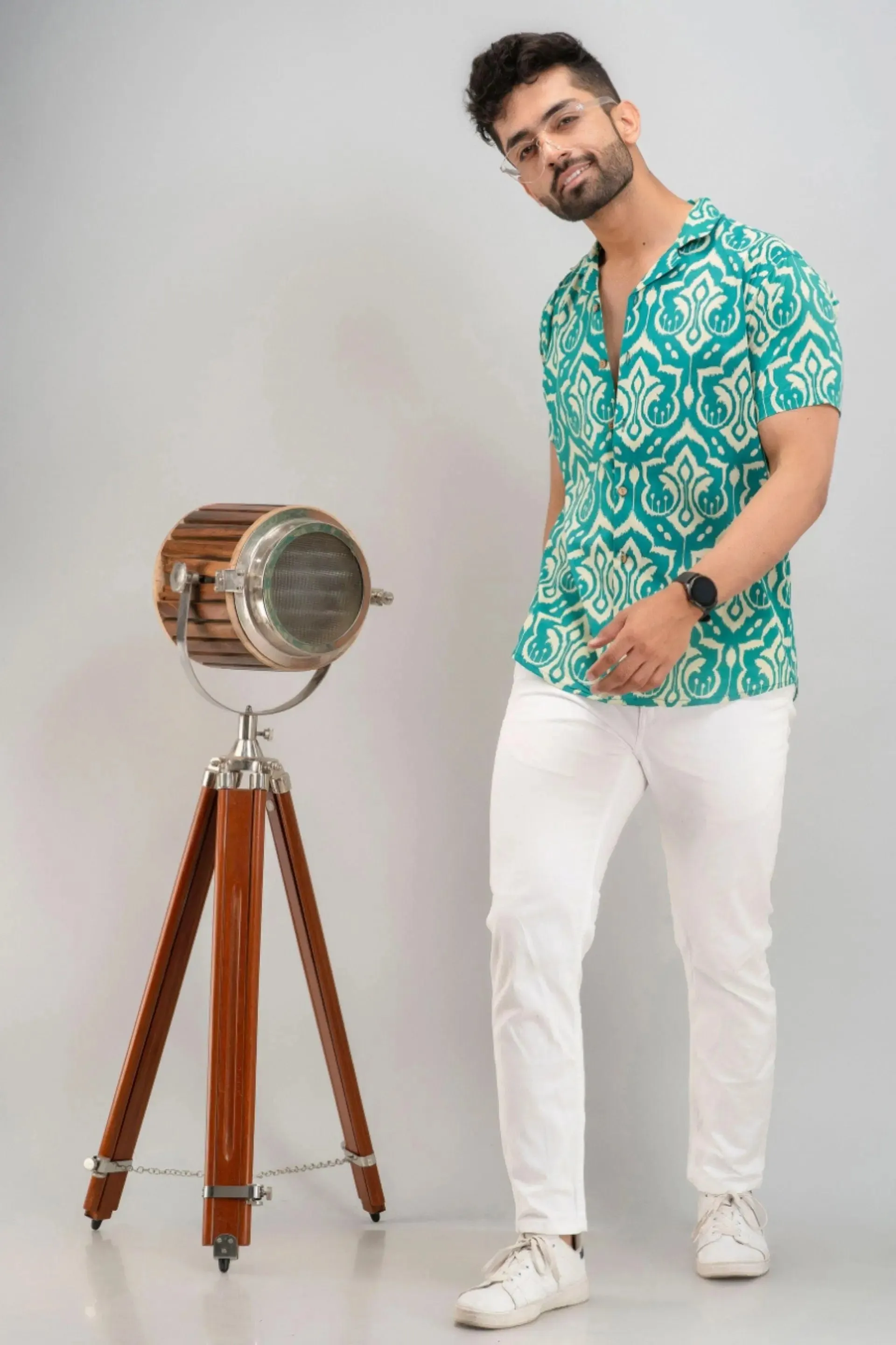 Firangi Yarn Abstract Block Printed Cotton Green Cuban Collar Shirt For Men