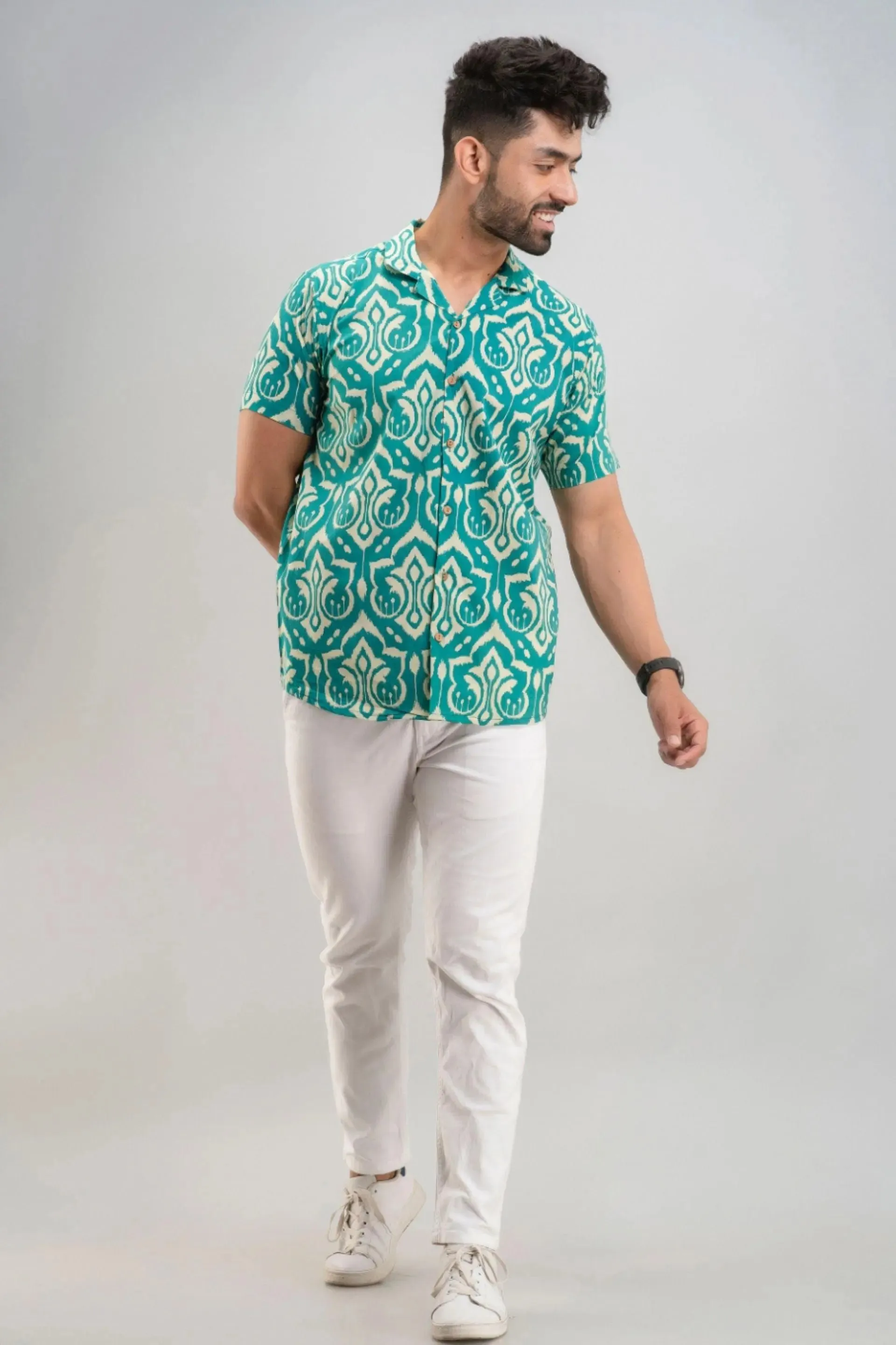 Firangi Yarn Abstract Block Printed Cotton Green Cuban Collar Shirt For Men