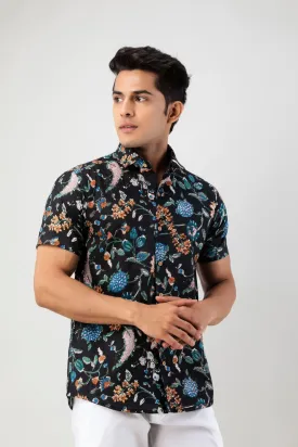 Firangi Yarn Black Chintz Art Printed Cotton Floral Shirt For Men - Half Sleeves, White