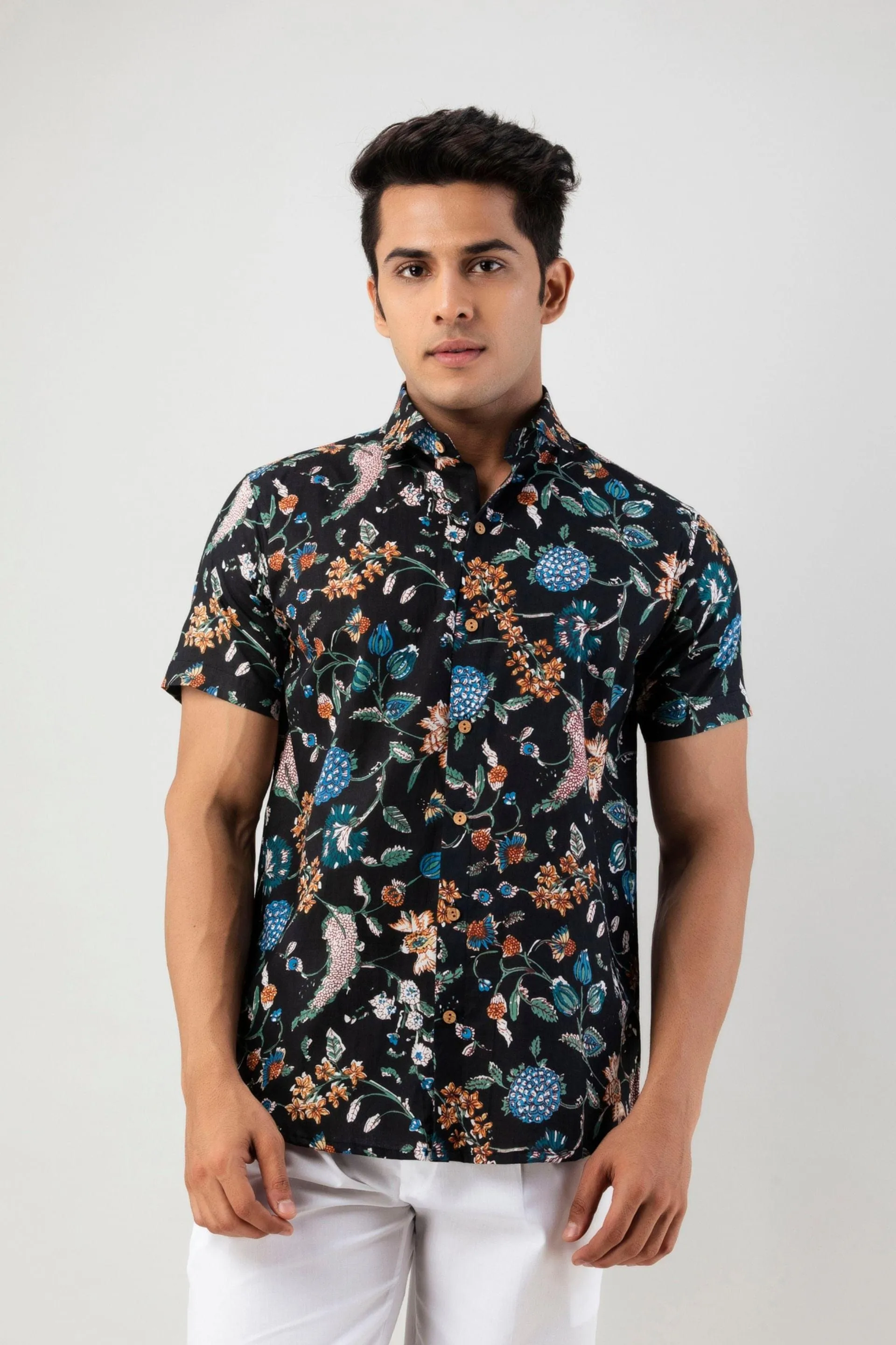 Firangi Yarn Black Chintz Art Printed Cotton Floral Shirt For Men - Half Sleeves, White