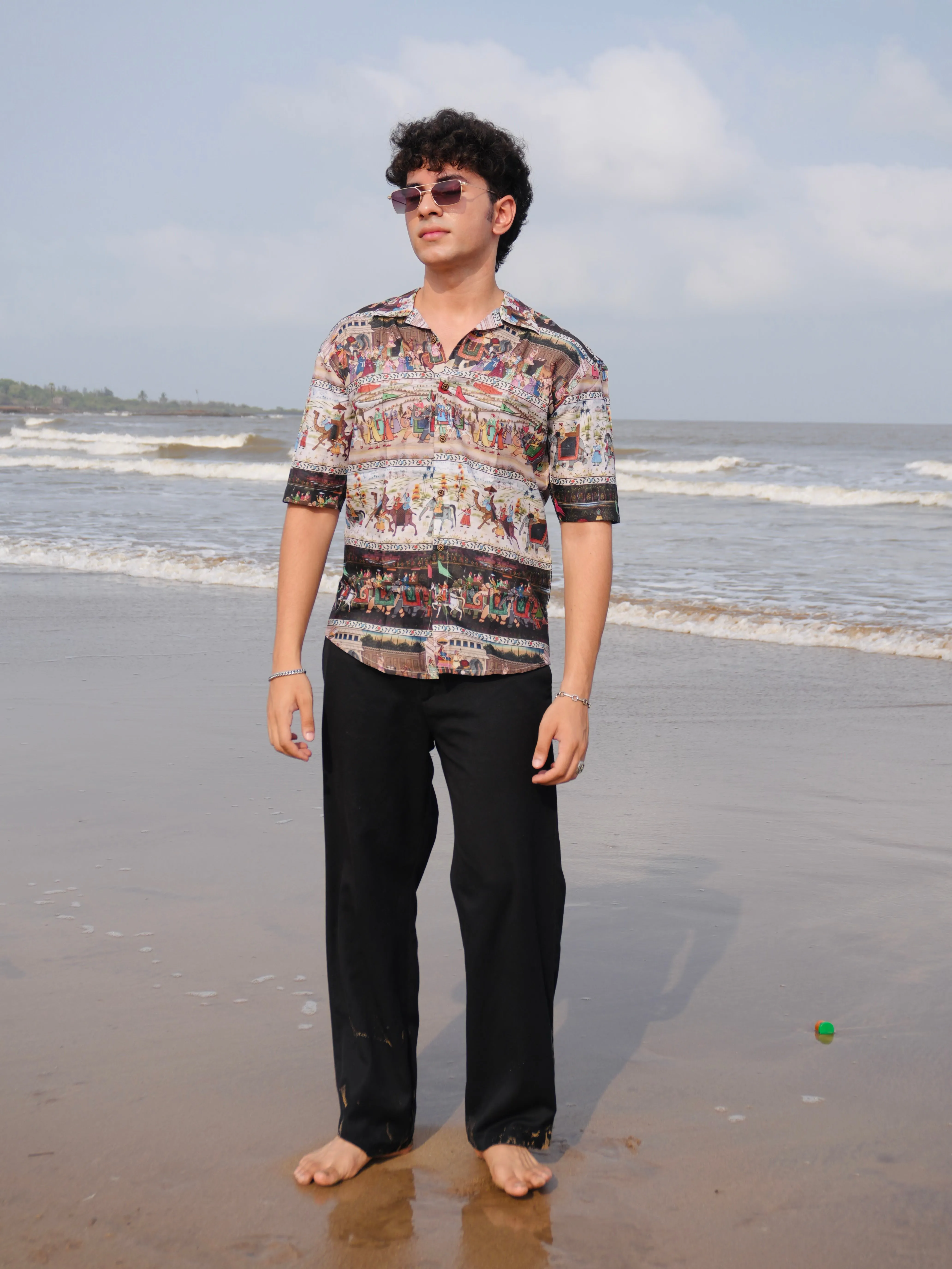 Firangi Yarn Black Linen Cuban Collar Fusion Printed Oversize Shirt - Tribal Black