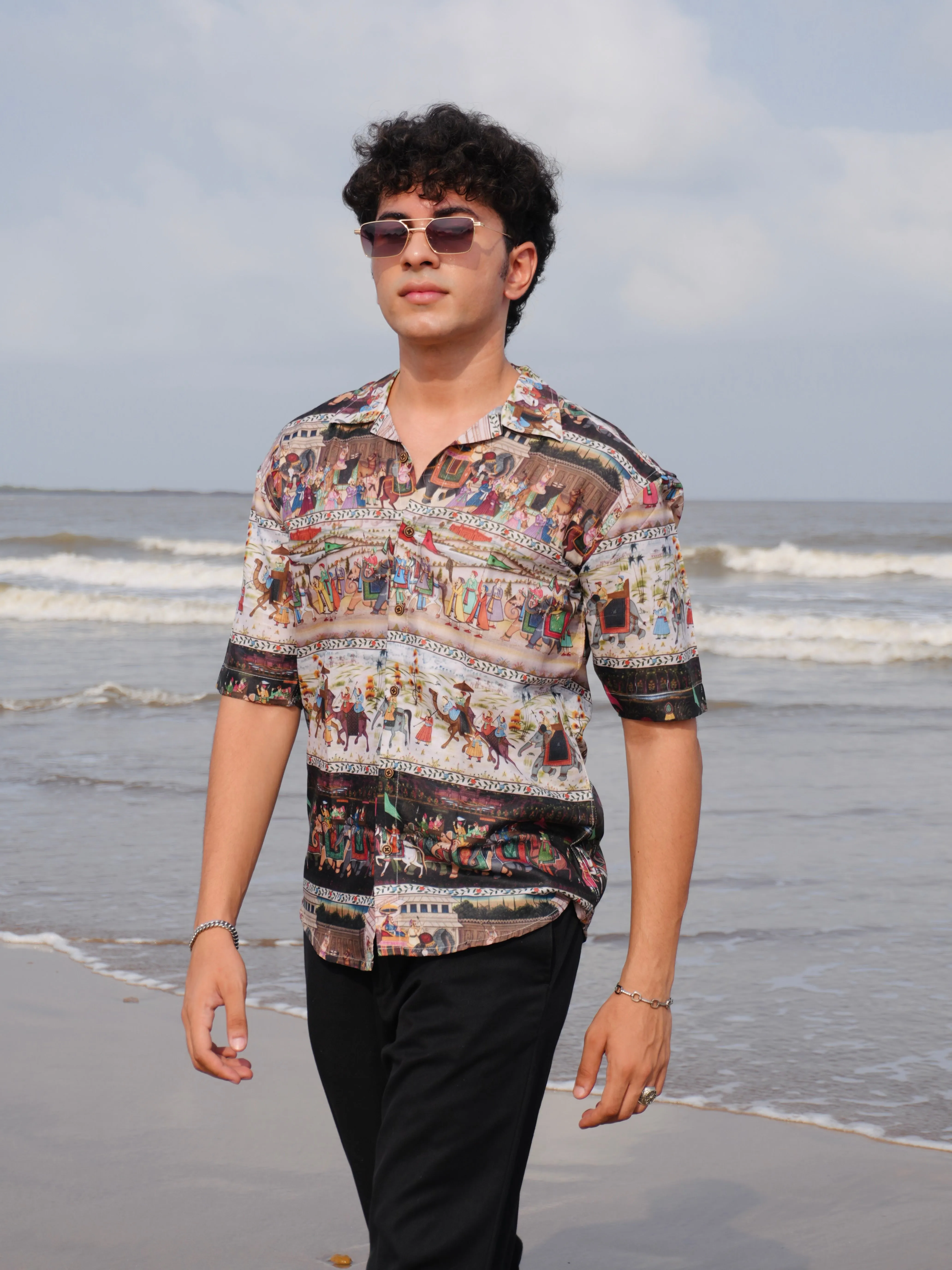 Firangi Yarn Black Linen Cuban Collar Fusion Printed Oversize Shirt - Tribal Black