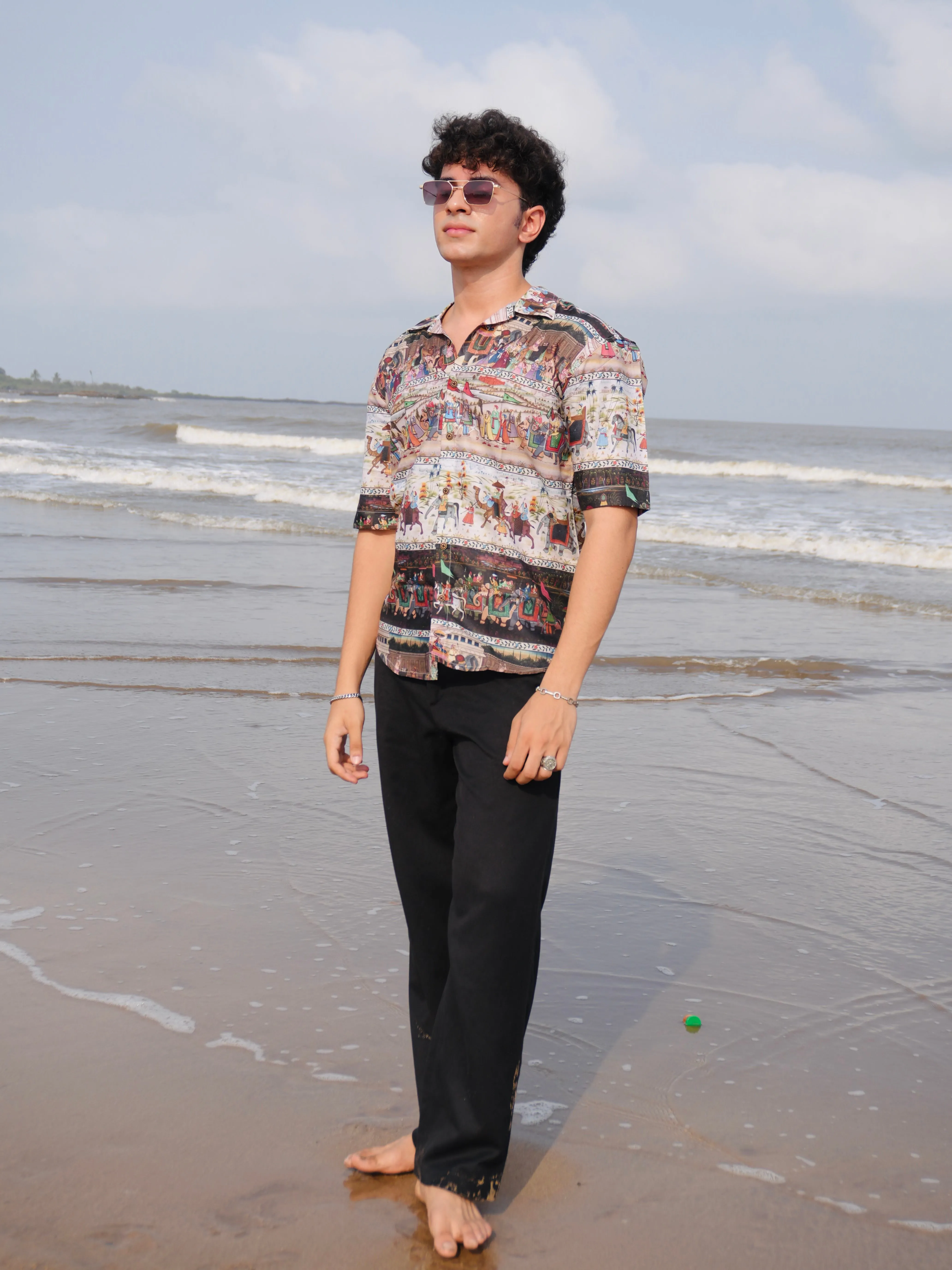 Firangi Yarn Black Linen Cuban Collar Fusion Printed Oversize Shirt - Tribal Black
