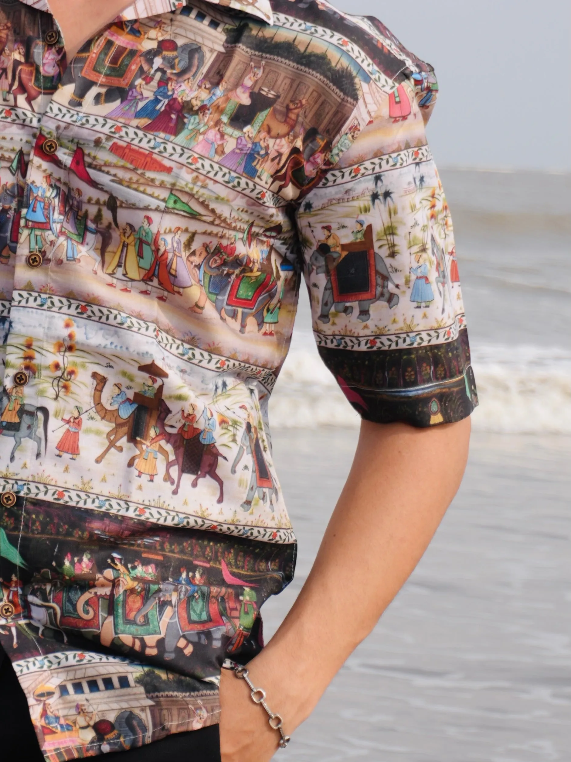 Firangi Yarn Black Linen Cuban Collar Fusion Printed Oversize Shirt - Tribal Black