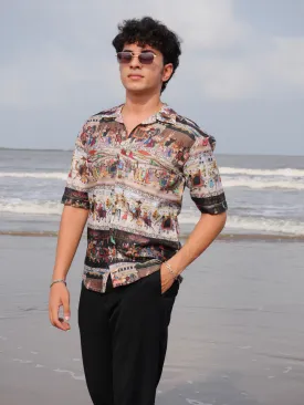 Firangi Yarn Black Linen Cuban Collar Fusion Printed Oversize Shirt - Tribal Black