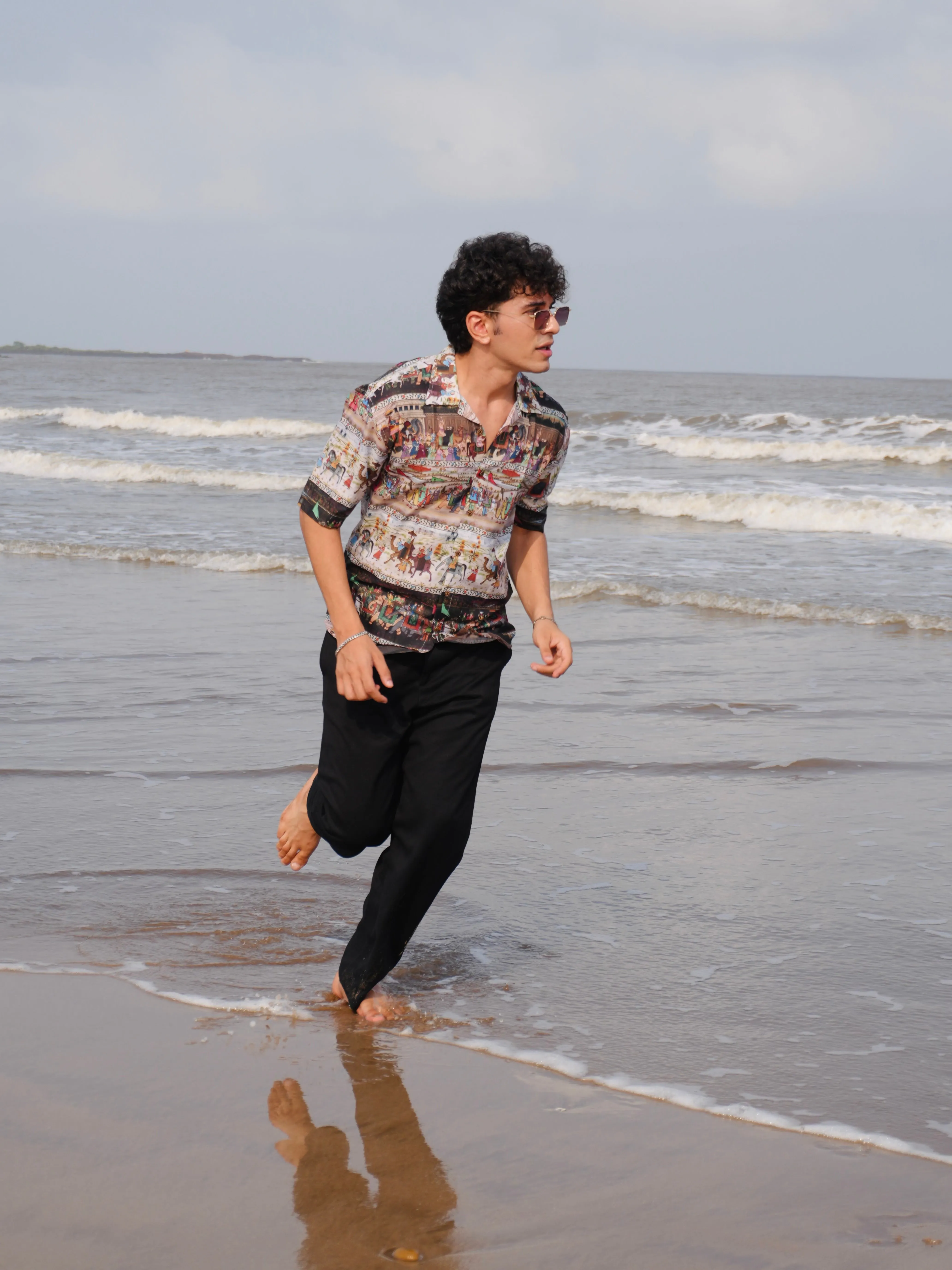 Firangi Yarn Black Linen Cuban Collar Fusion Printed Oversize Shirt - Tribal Black