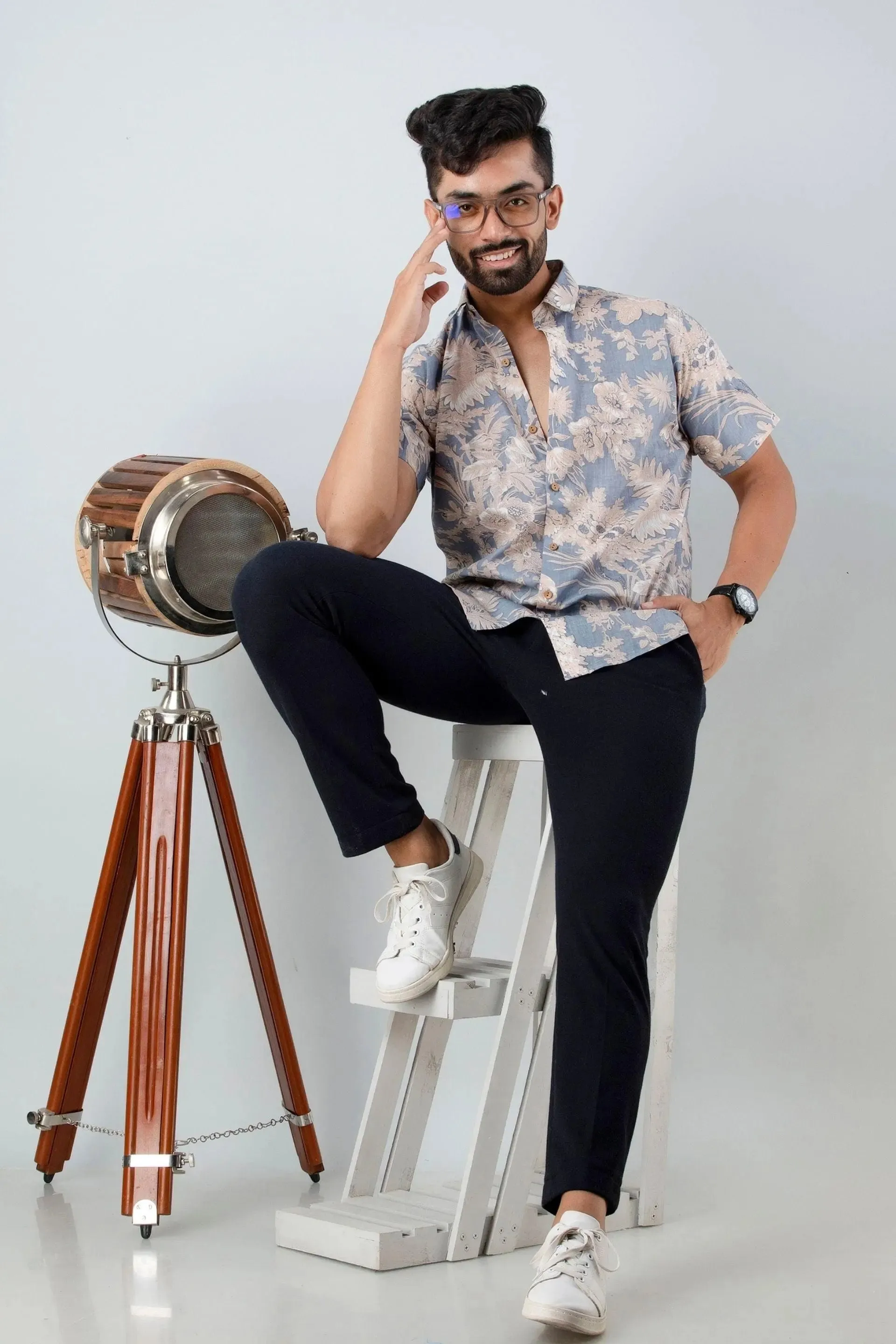 Firangi Yarn Block Printed Cotton Grey Botanical Printed Shirt For Men