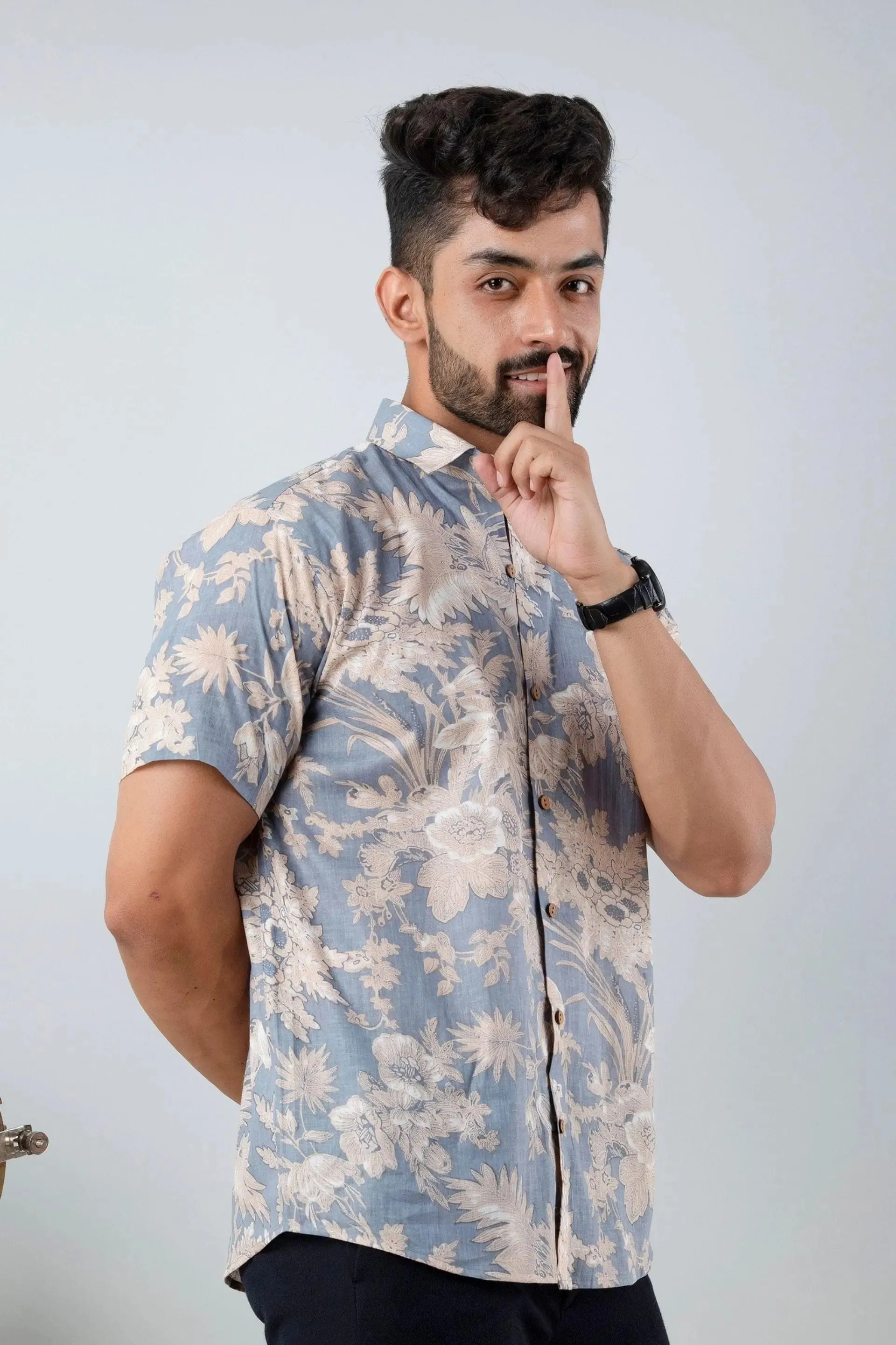 Firangi Yarn Block Printed Cotton Grey Botanical Printed Shirt For Men