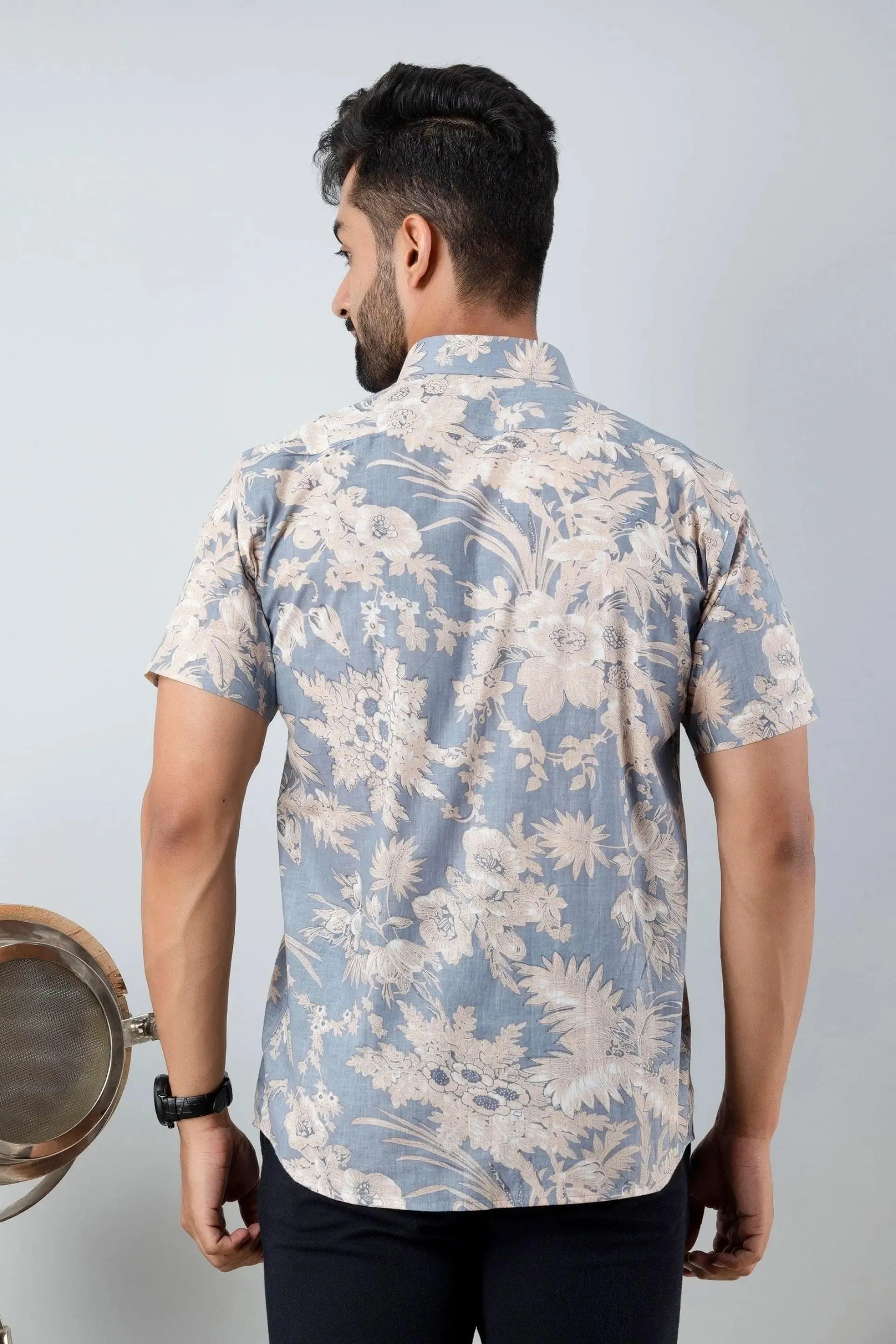 Firangi Yarn Block Printed Cotton Grey Botanical Printed Shirt For Men