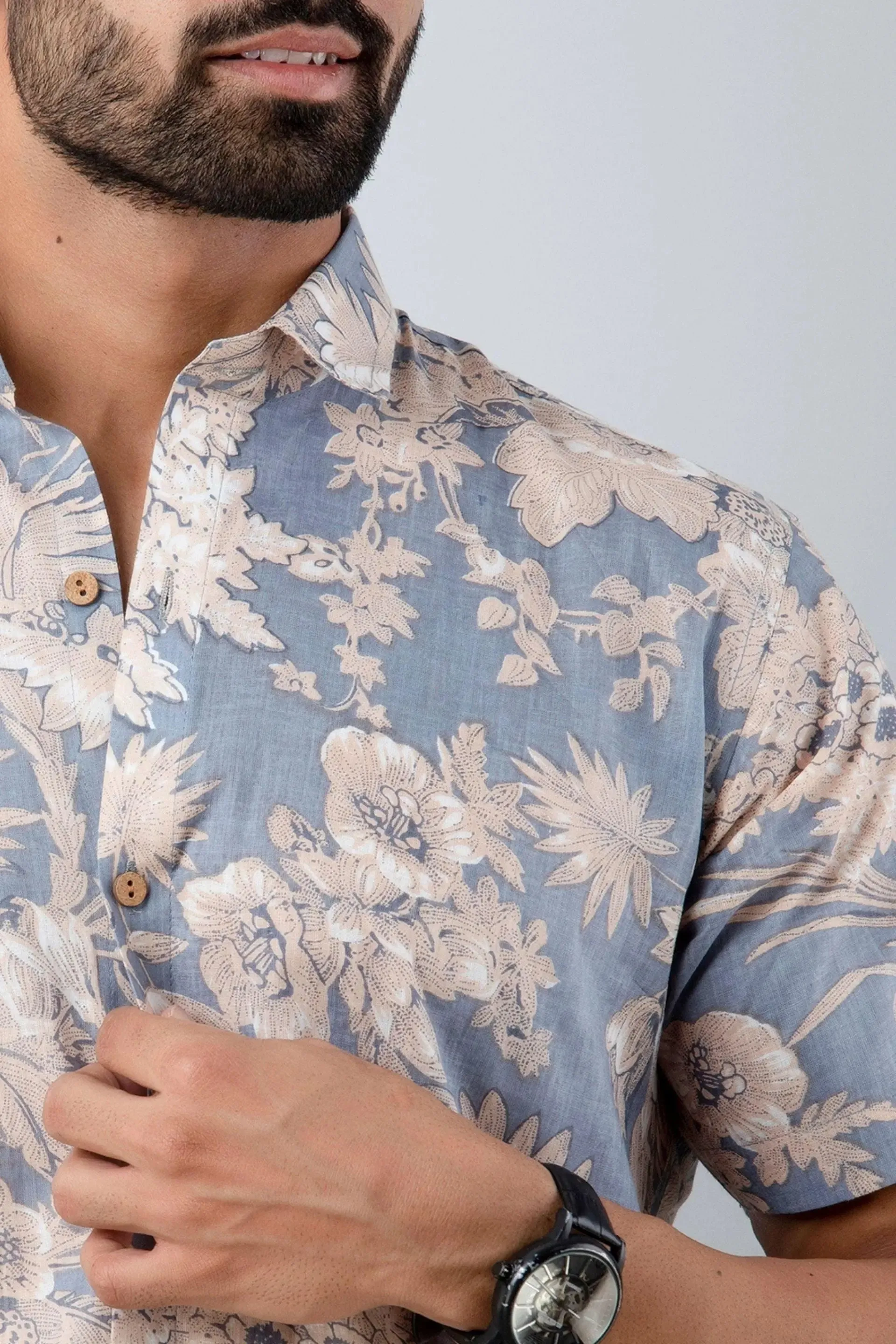 Firangi Yarn Block Printed Cotton Grey Botanical Printed Shirt For Men