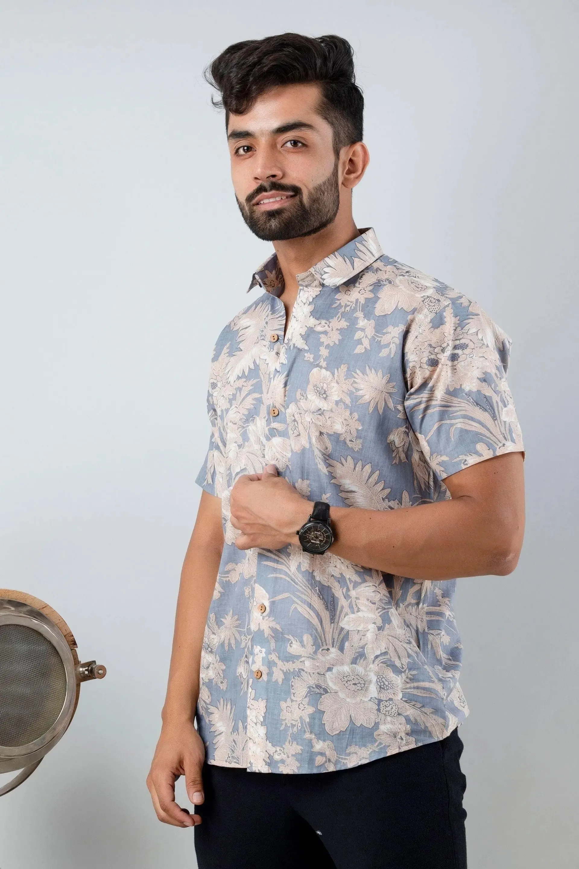 Firangi Yarn Block Printed Cotton Grey Botanical Printed Shirt For Men