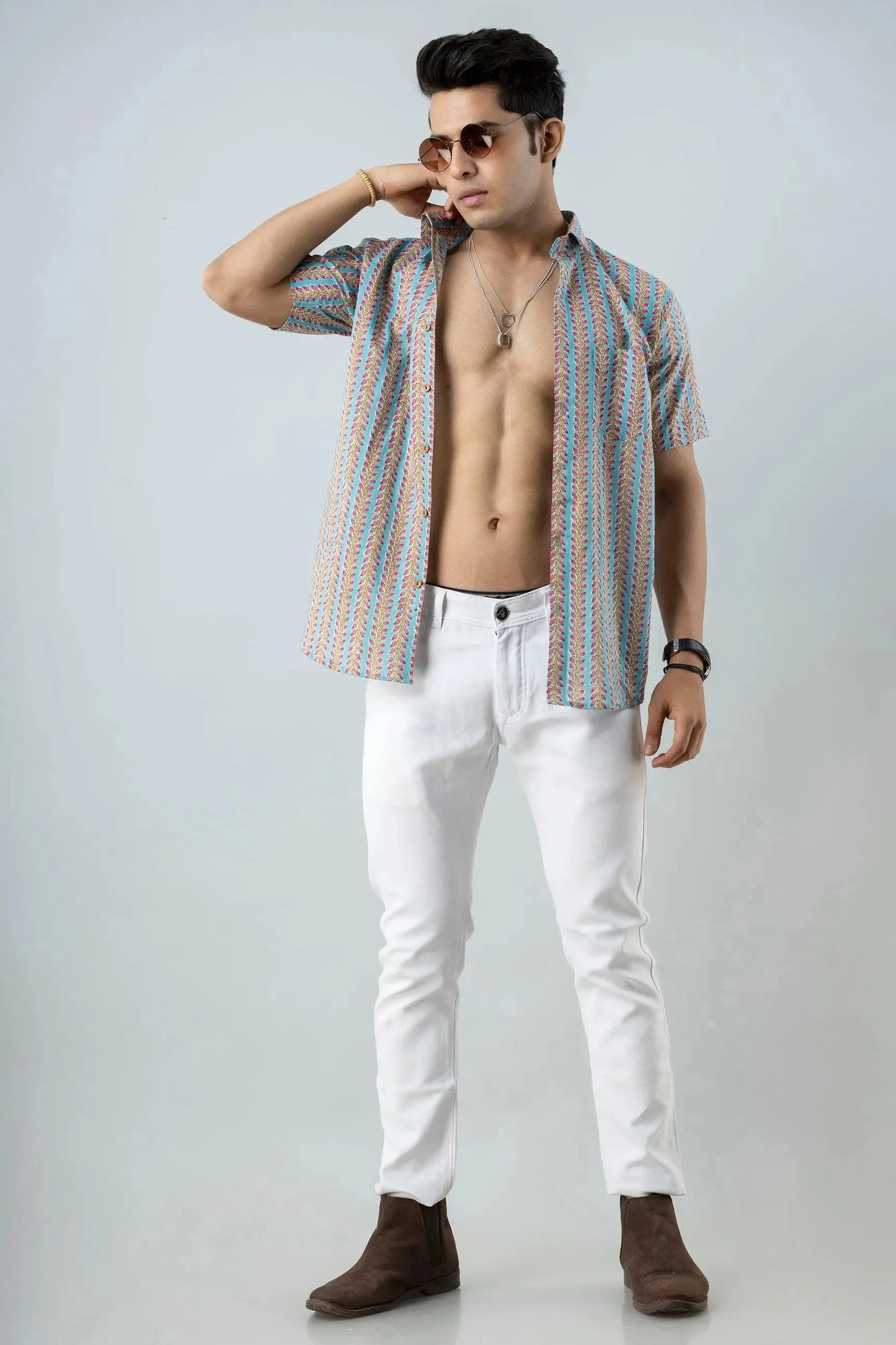 Firangi Yarn Block Printed Cotton Sanganeri Printed Sky Blue Shirt For Men