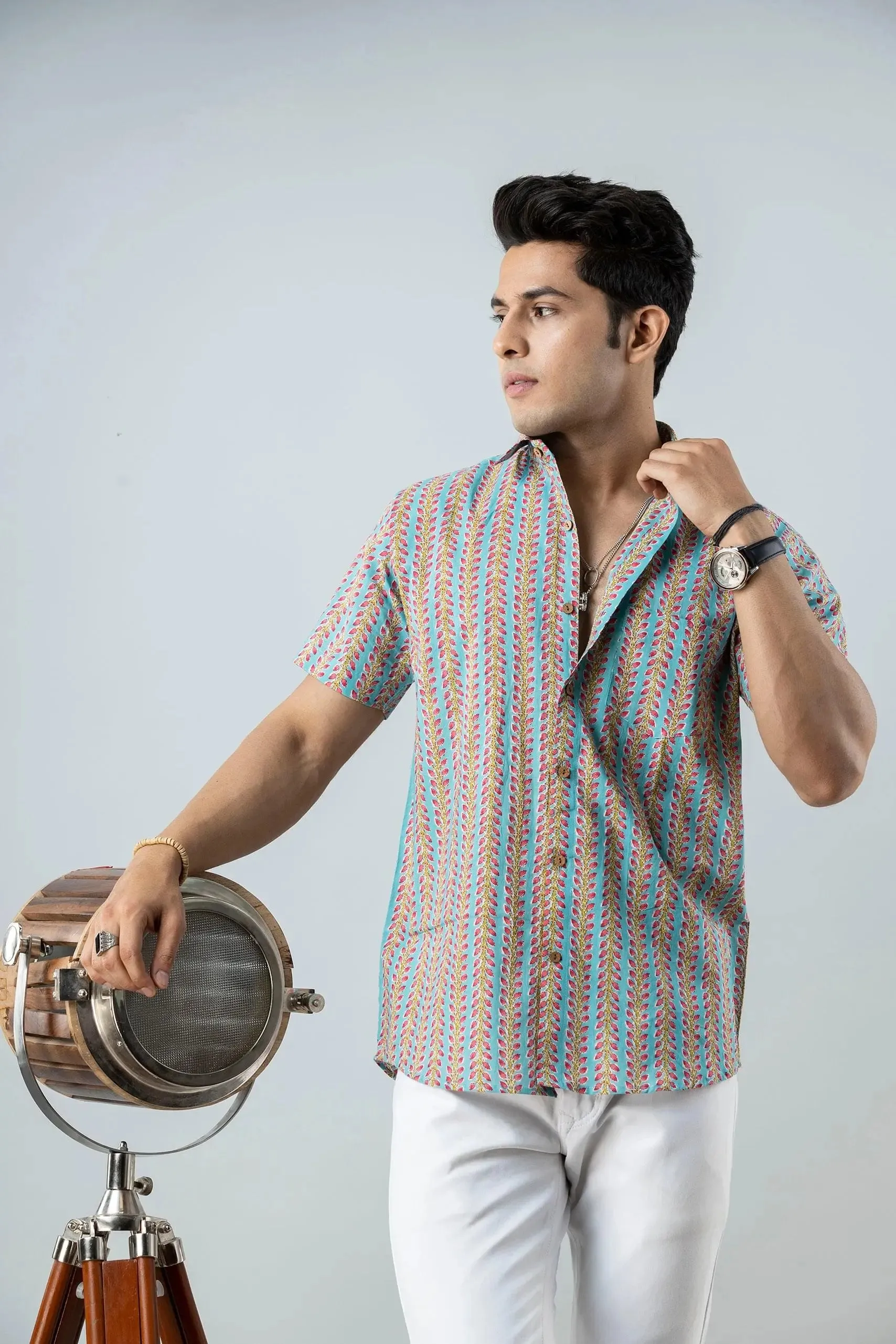 Firangi Yarn Block Printed Cotton Sanganeri Printed Sky Blue Shirt For Men