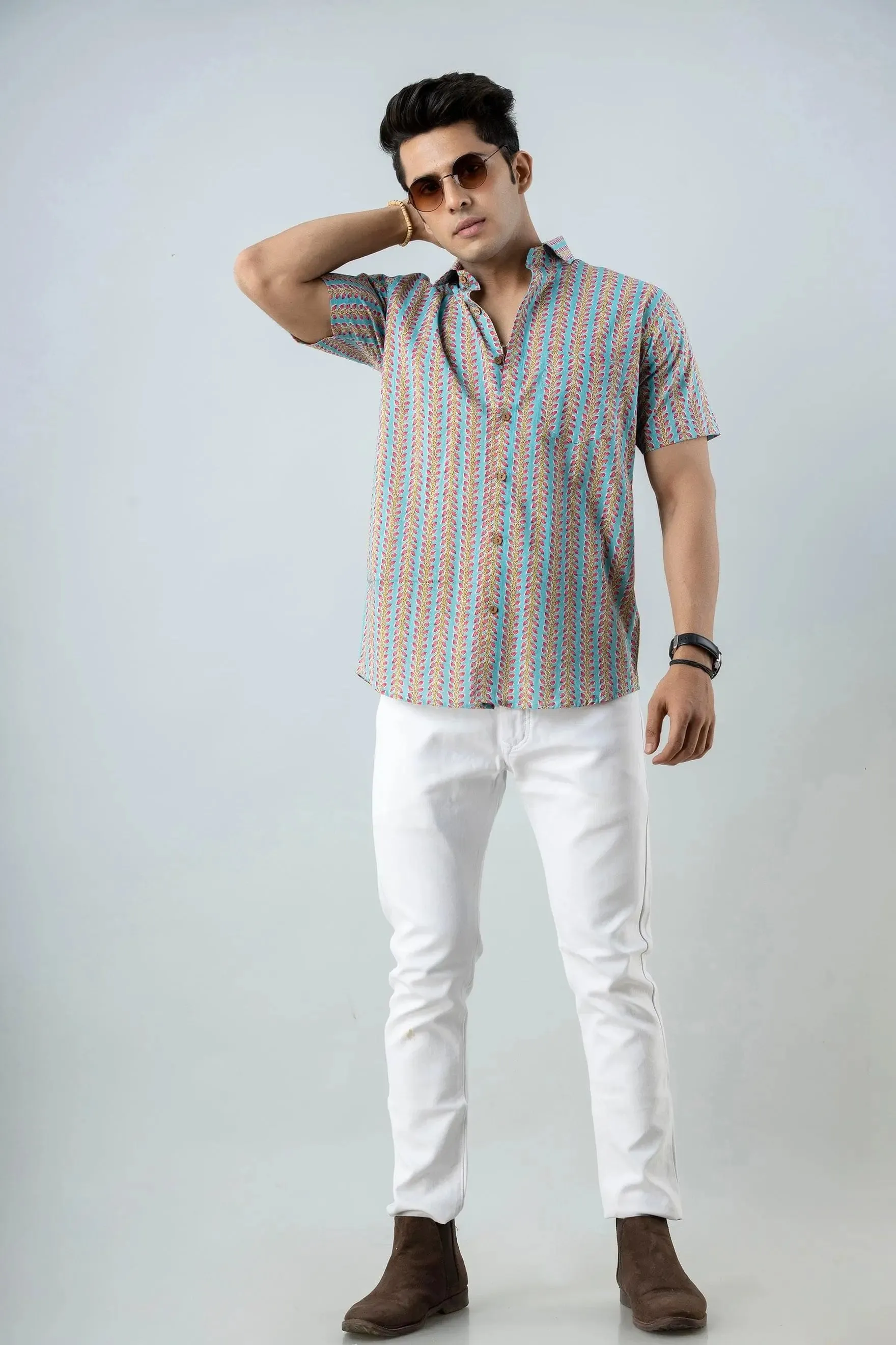 Firangi Yarn Block Printed Cotton Sanganeri Printed Sky Blue Shirt For Men
