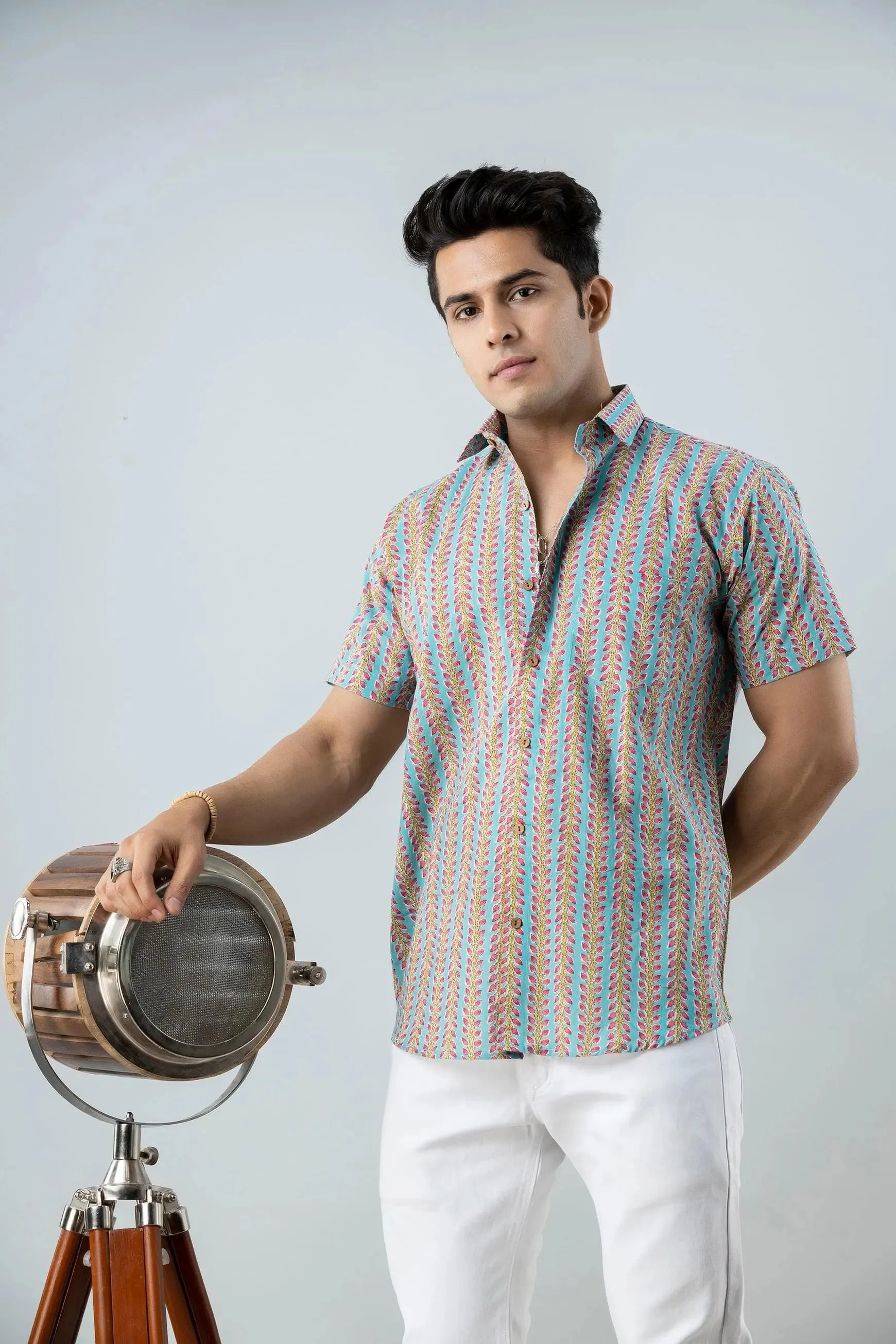 Firangi Yarn Block Printed Cotton Sanganeri Printed Sky Blue Shirt For Men