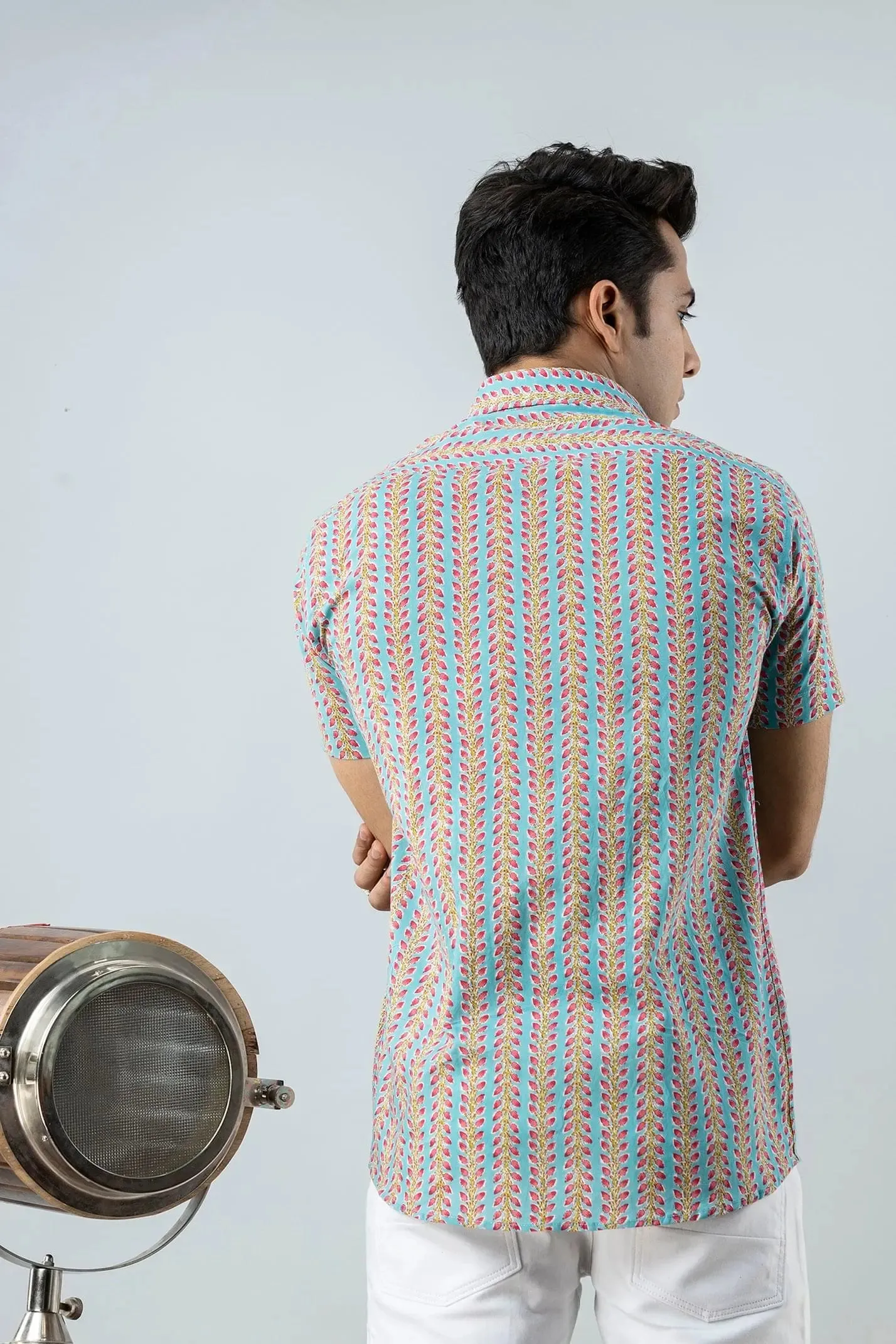 Firangi Yarn Block Printed Cotton Sanganeri Printed Sky Blue Shirt For Men