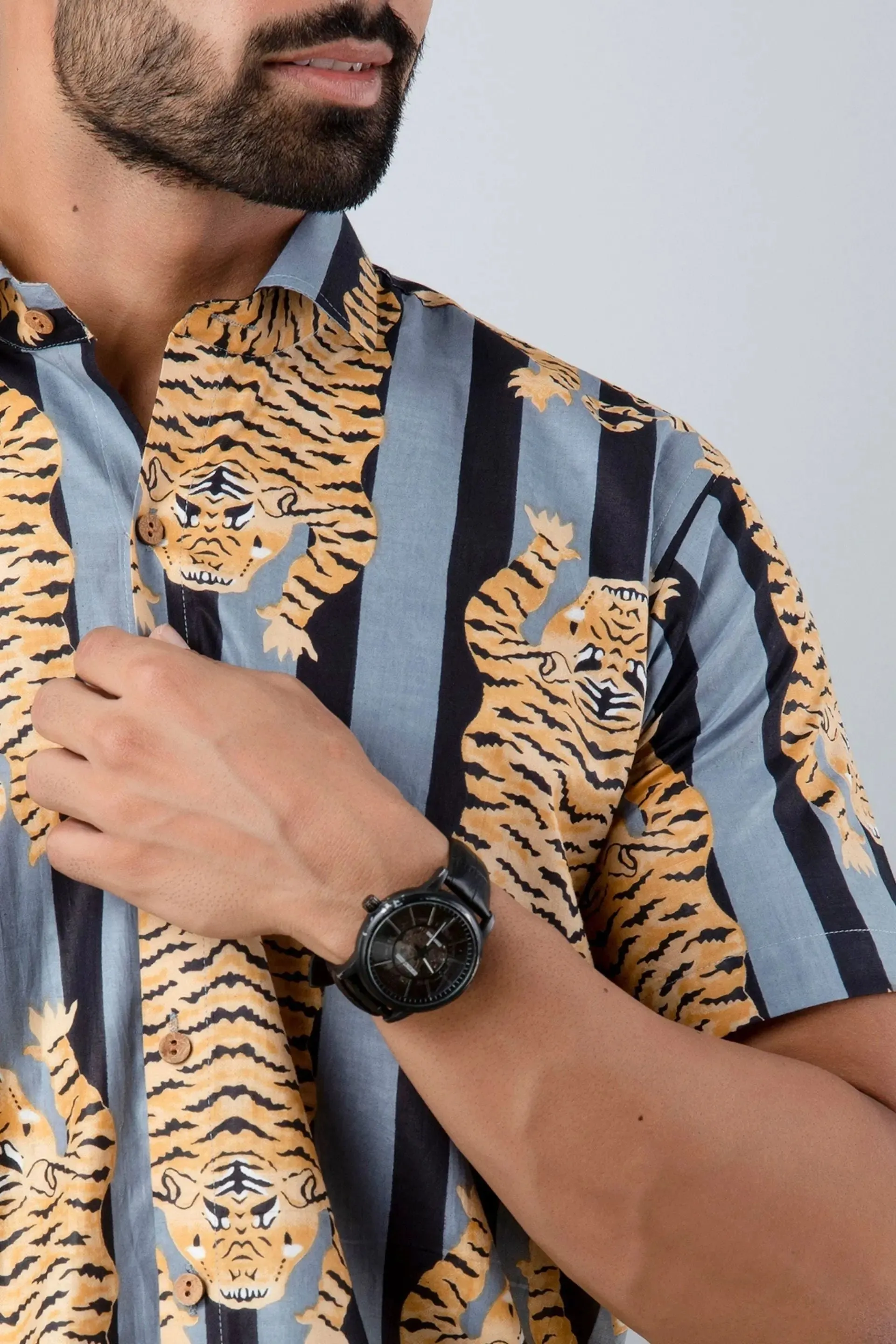 Firangi Yarn Cotton Black Block Stripes with Tiger Printed Shirt For Men