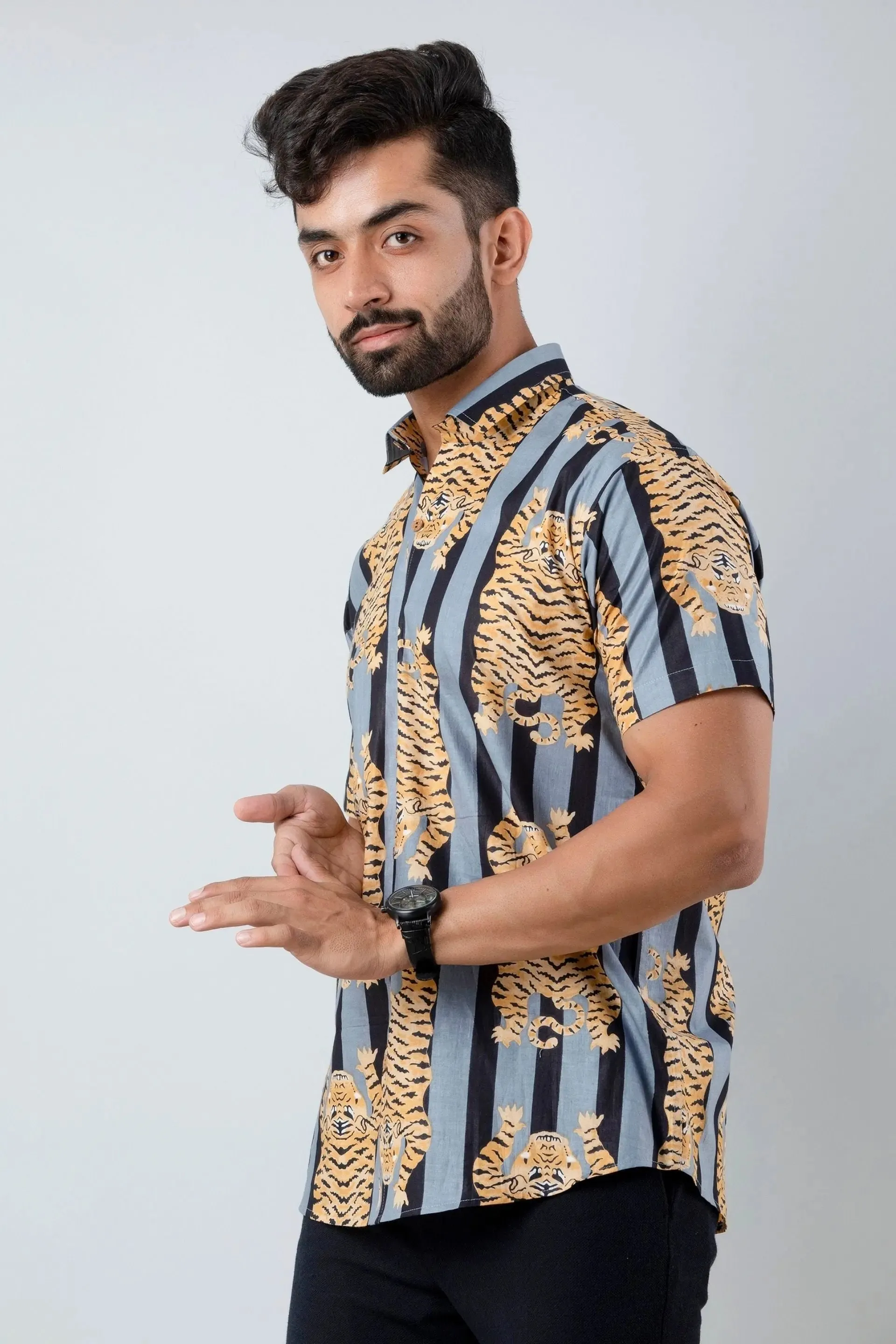 Firangi Yarn Cotton Black Block Stripes with Tiger Printed Shirt For Men