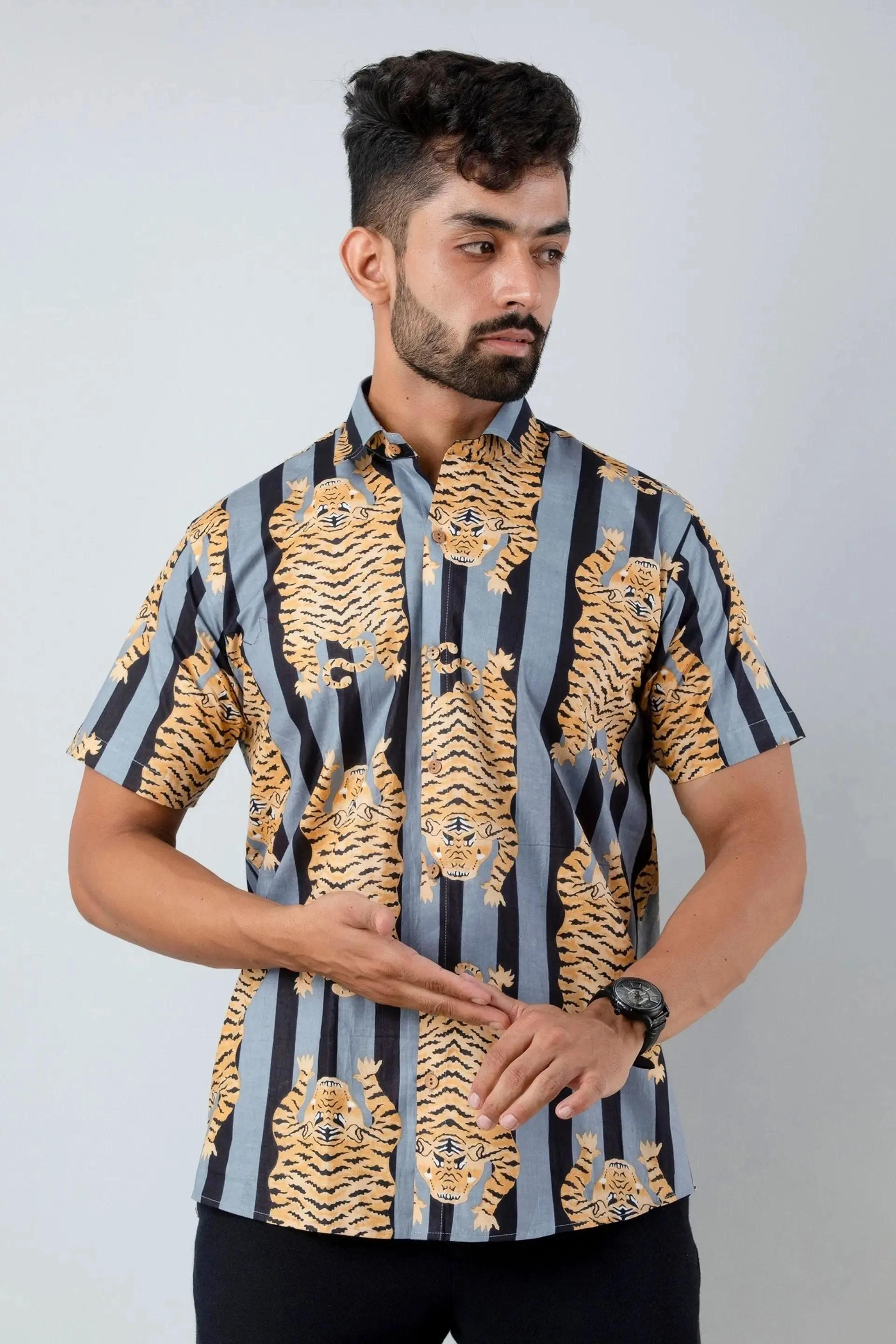 Firangi Yarn Cotton Black Block Stripes with Tiger Printed Shirt For Men