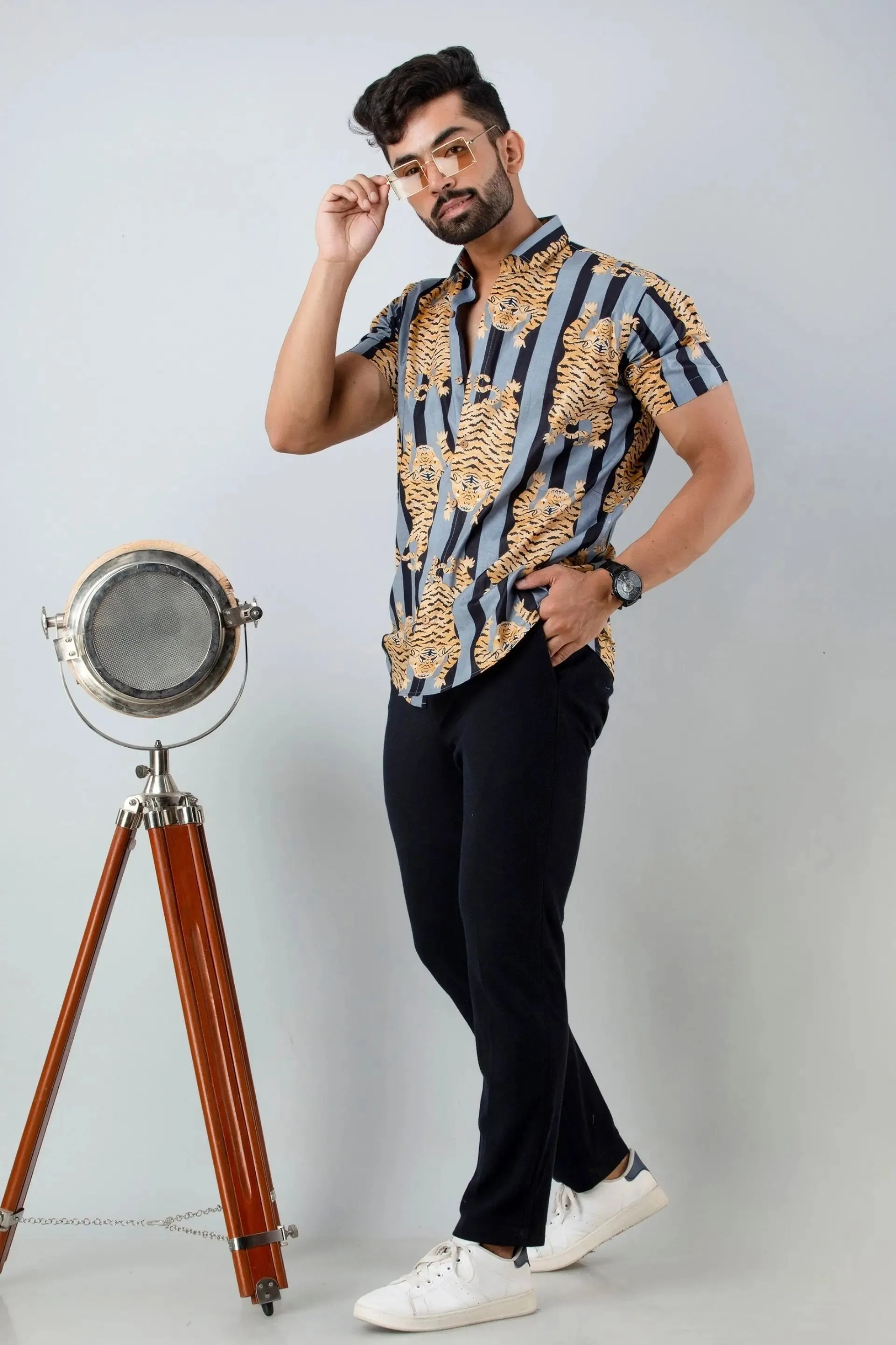 Firangi Yarn Cotton Black Block Stripes with Tiger Printed Shirt For Men