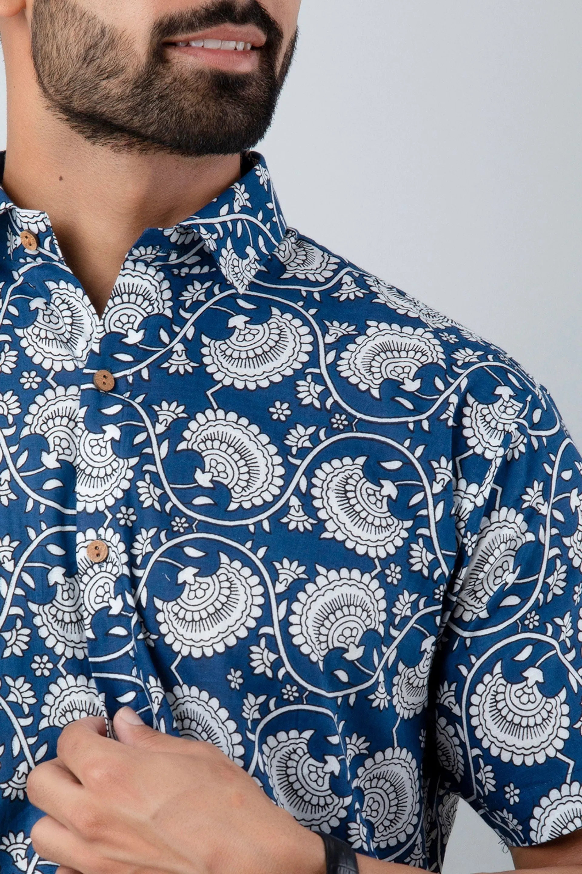 Firangi Yarn Cotton Indigo Block Ethnic Jaipuri Printed Shirt For Men