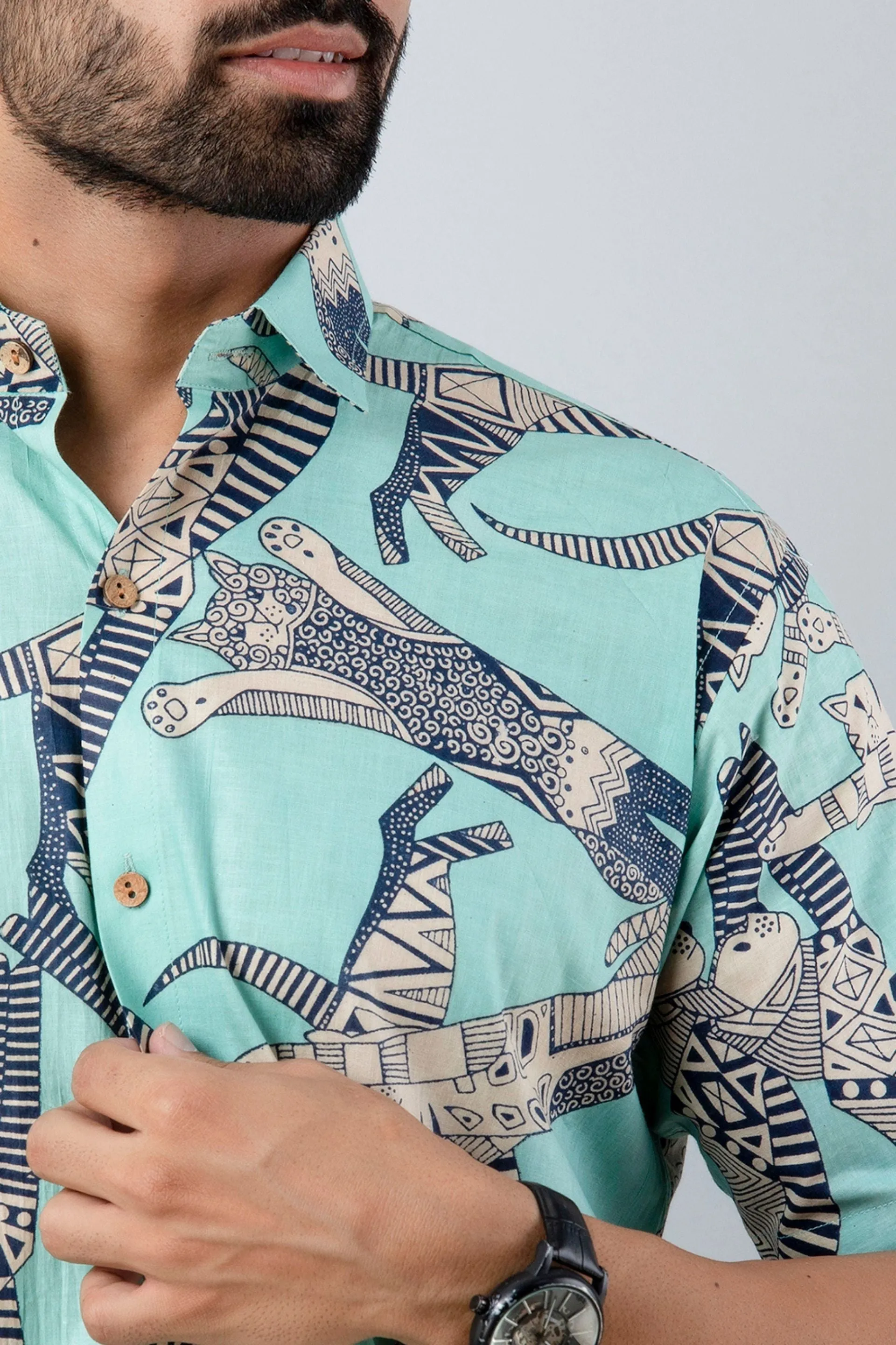 Firangi Yarn Cotton Light Turqouise Block Egyptian Cat Printed Shirt For Men