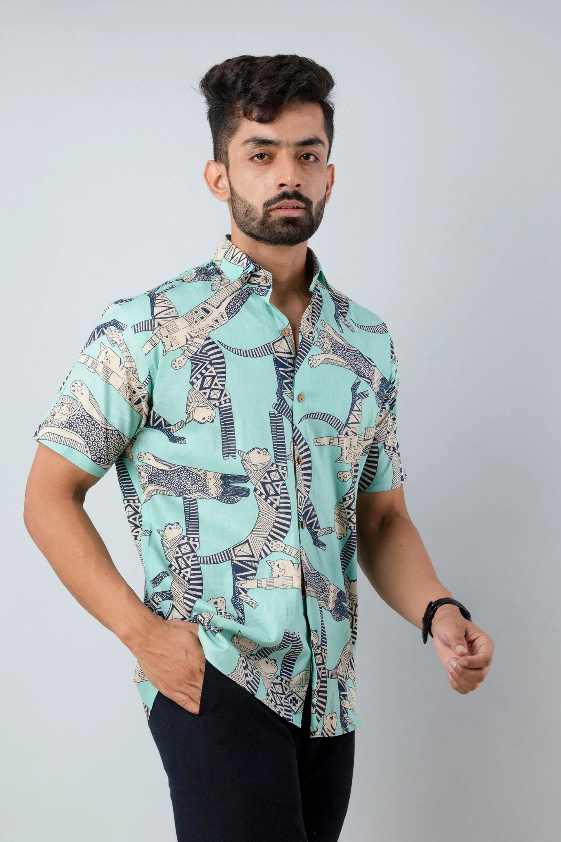 Firangi Yarn Cotton Light Turqouise Block Egyptian Cat Printed Shirt For Men