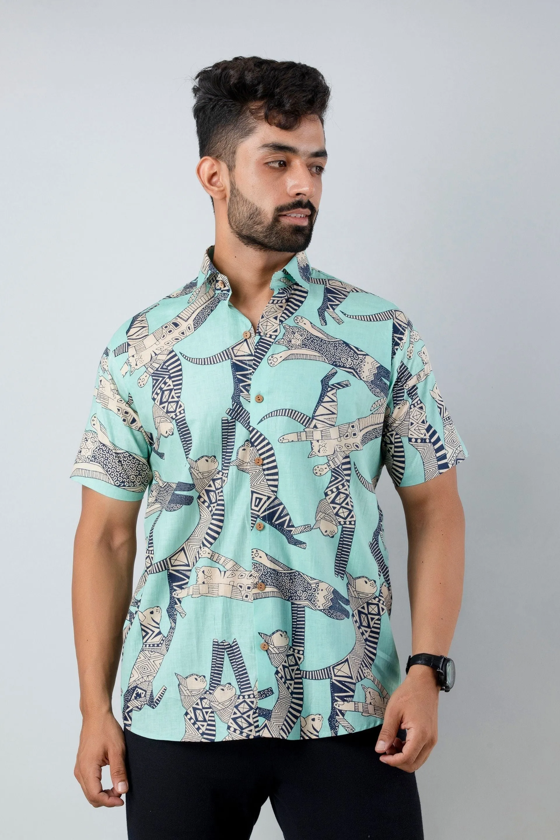 Firangi Yarn Cotton Light Turqouise Block Egyptian Cat Printed Shirt For Men
