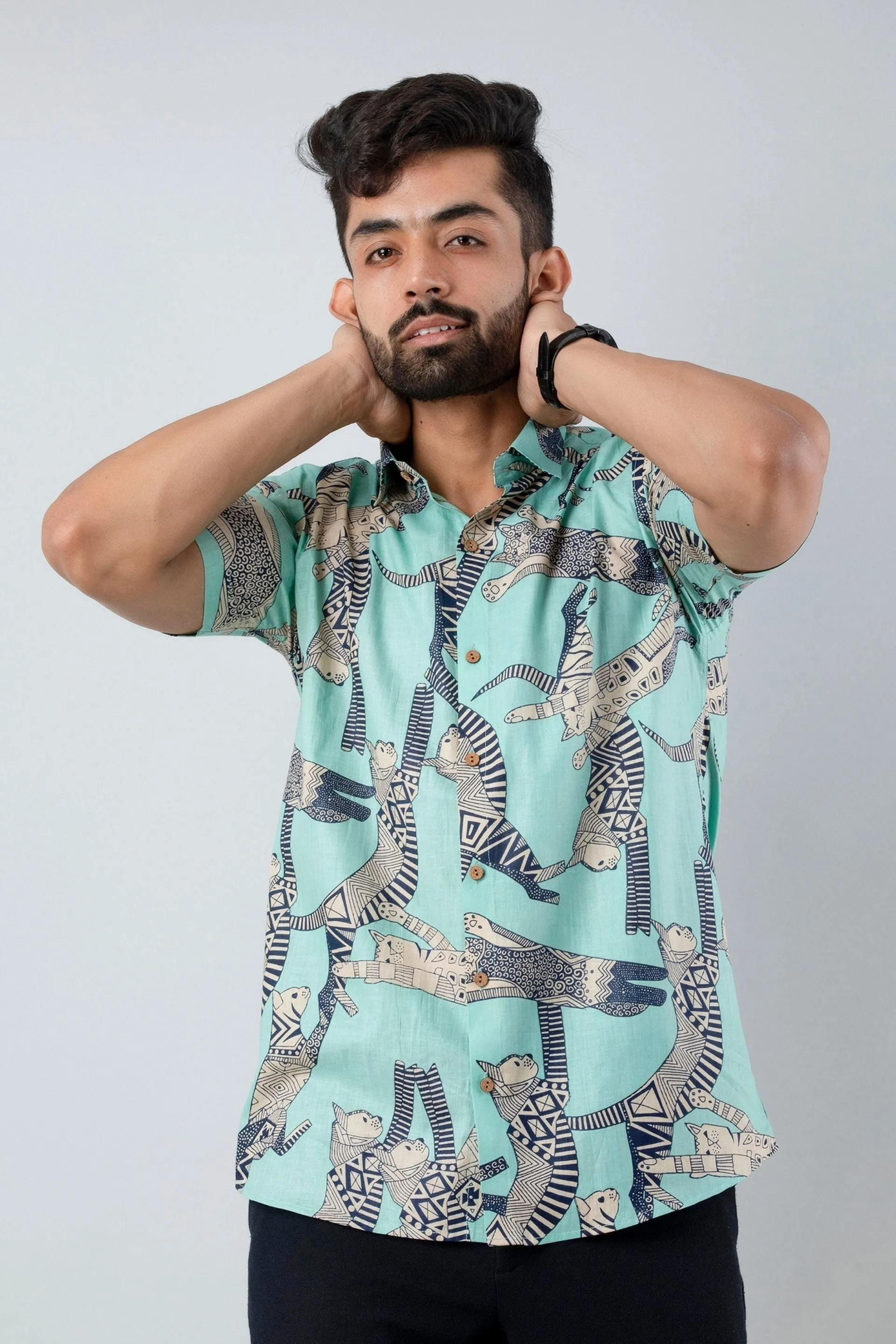 Firangi Yarn Cotton Light Turqouise Block Egyptian Cat Printed Shirt For Men