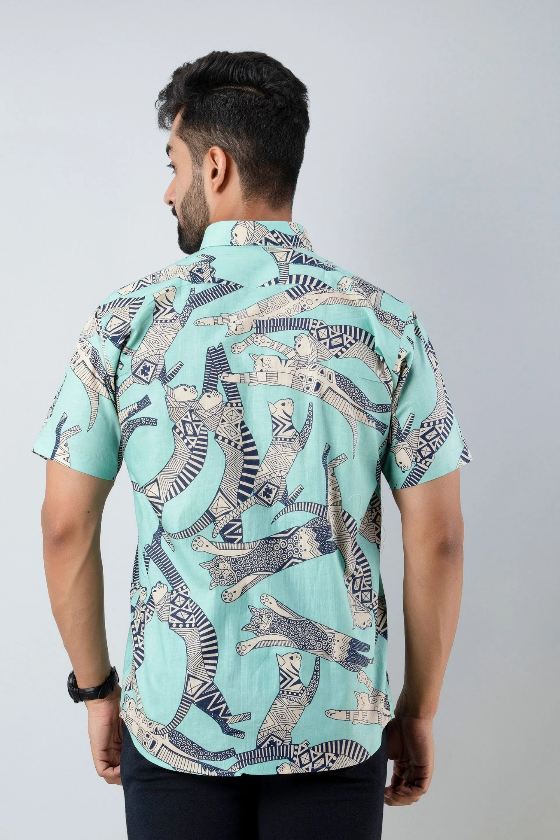 Firangi Yarn Cotton Light Turqouise Block Egyptian Cat Printed Shirt For Men