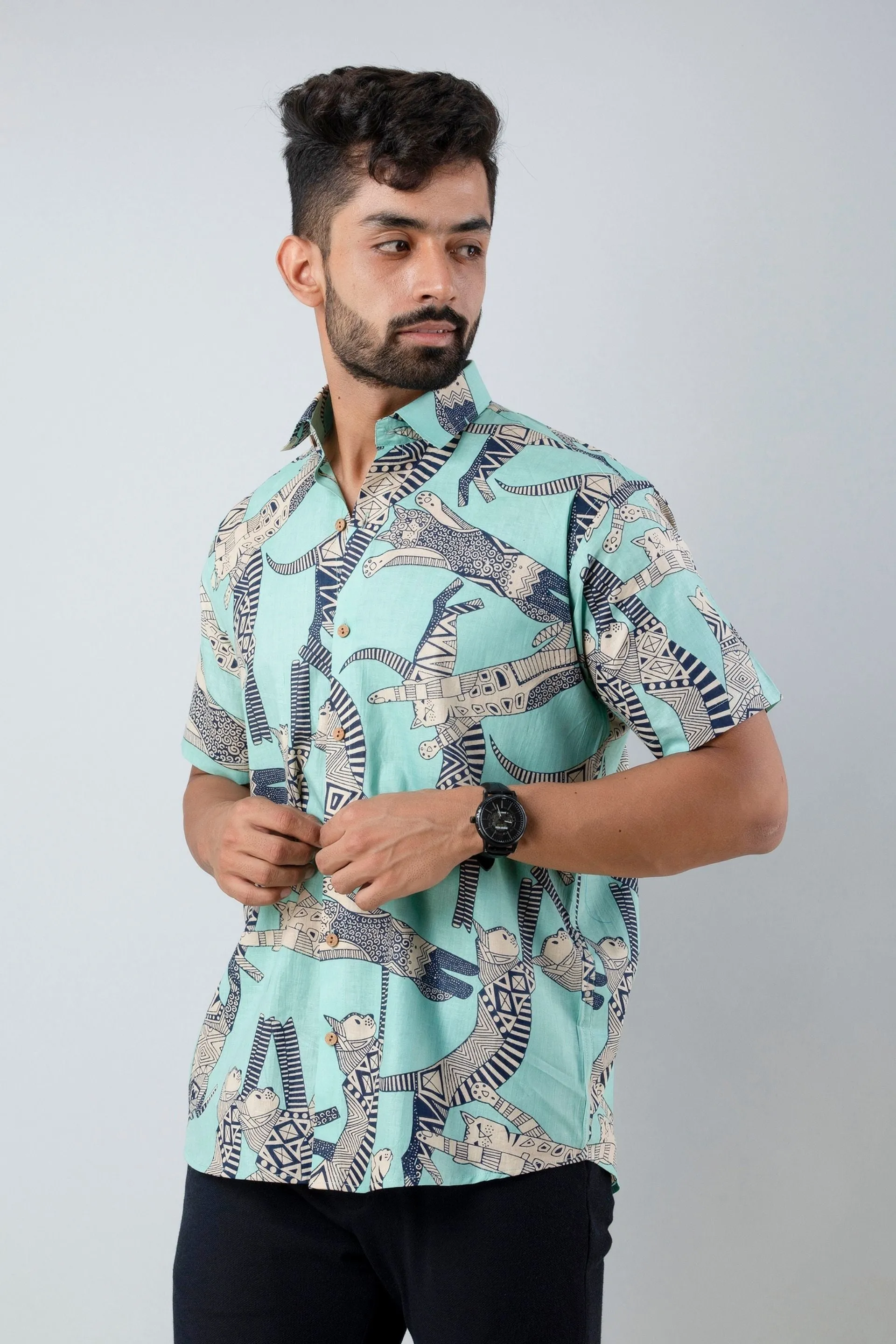 Firangi Yarn Cotton Light Turqouise Block Egyptian Cat Printed Shirt For Men
