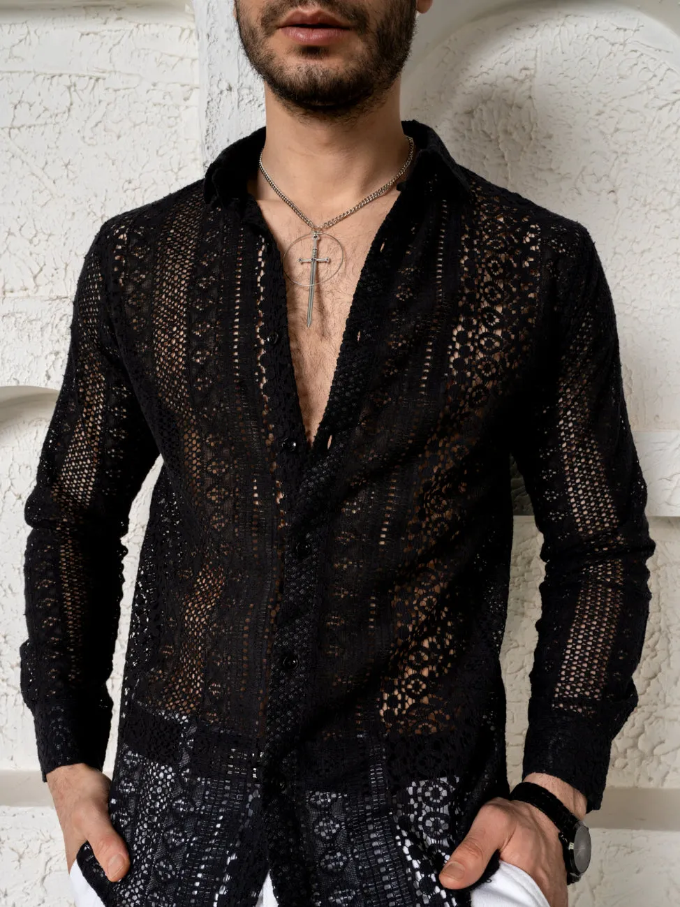 Firangi Yarn Crochet Cotton Black Lace Shirt For Men- Full Sleeves(Take One Size Bigger Than Your Usual Size)